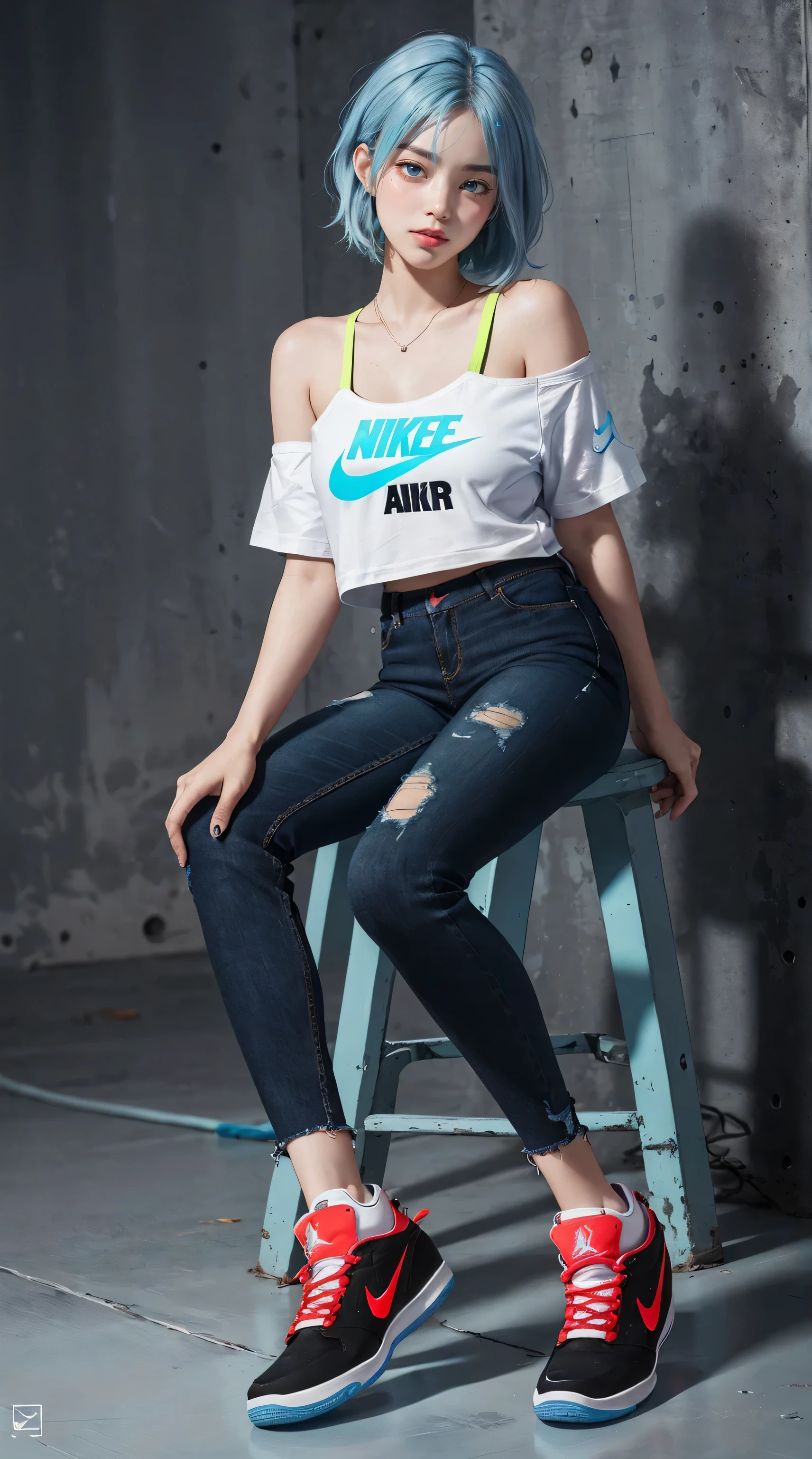 masterpiece, best quality, 4K, ultra-detailed, photorealistic, (1 girl), (A fascinating eye for perfect detail:1.2), smirk, (short light blue hair), (bare shoulder black t-shirt), (t-shirt with a single light blue neon line on the sleeve and the Nike logo printed on it), (black distressed pants), ((distressed pants with a light blue neon line on the side)), ((red Nike Air Jordan sneakers)), (lift her shirt up a little), (sitting on the chair), (front view), (full body), fantasy background, movie light