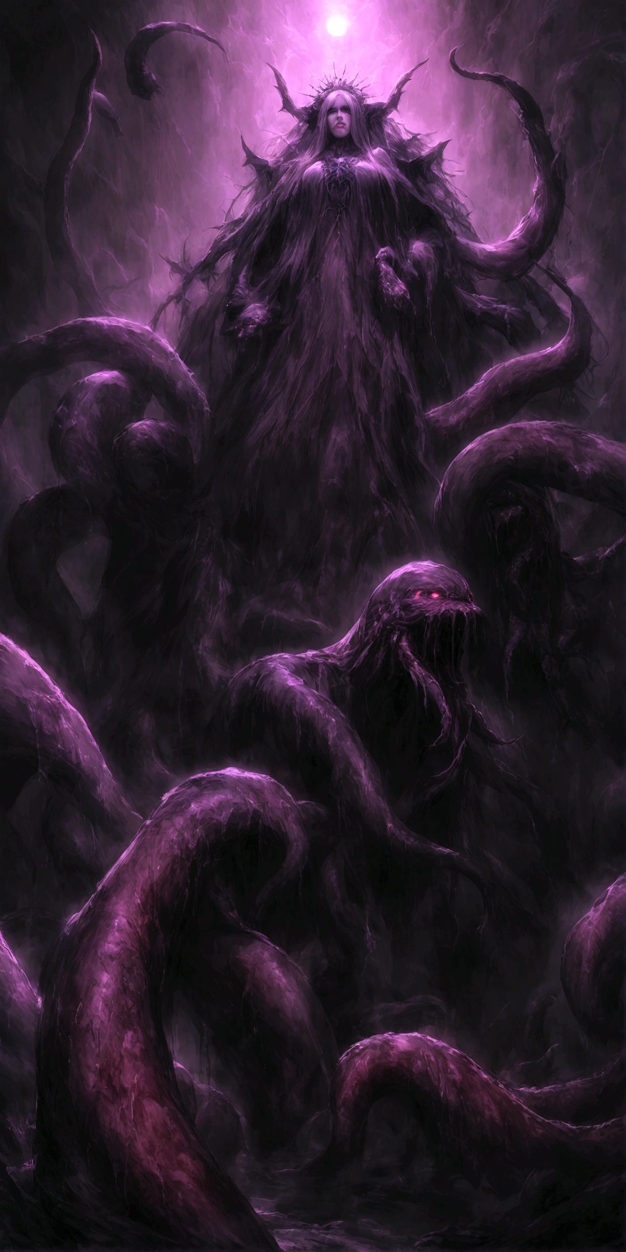 A Cthulhu Assassin，Dark twisted tentacles，Glowing immortal eyes，Unspeakable Ancient Entity，Sticky Limbs，Abomination of the Underworld，Alien Terror，Sticky Tentacles，Realistic，Lighting，Dramatic，dark，Melancholy atmosphere，Supernatural horror，Complex texture，Glowing skin，Intense gaze，Dramatic阴影，Melancholic color，Gothic，dark幻想，number