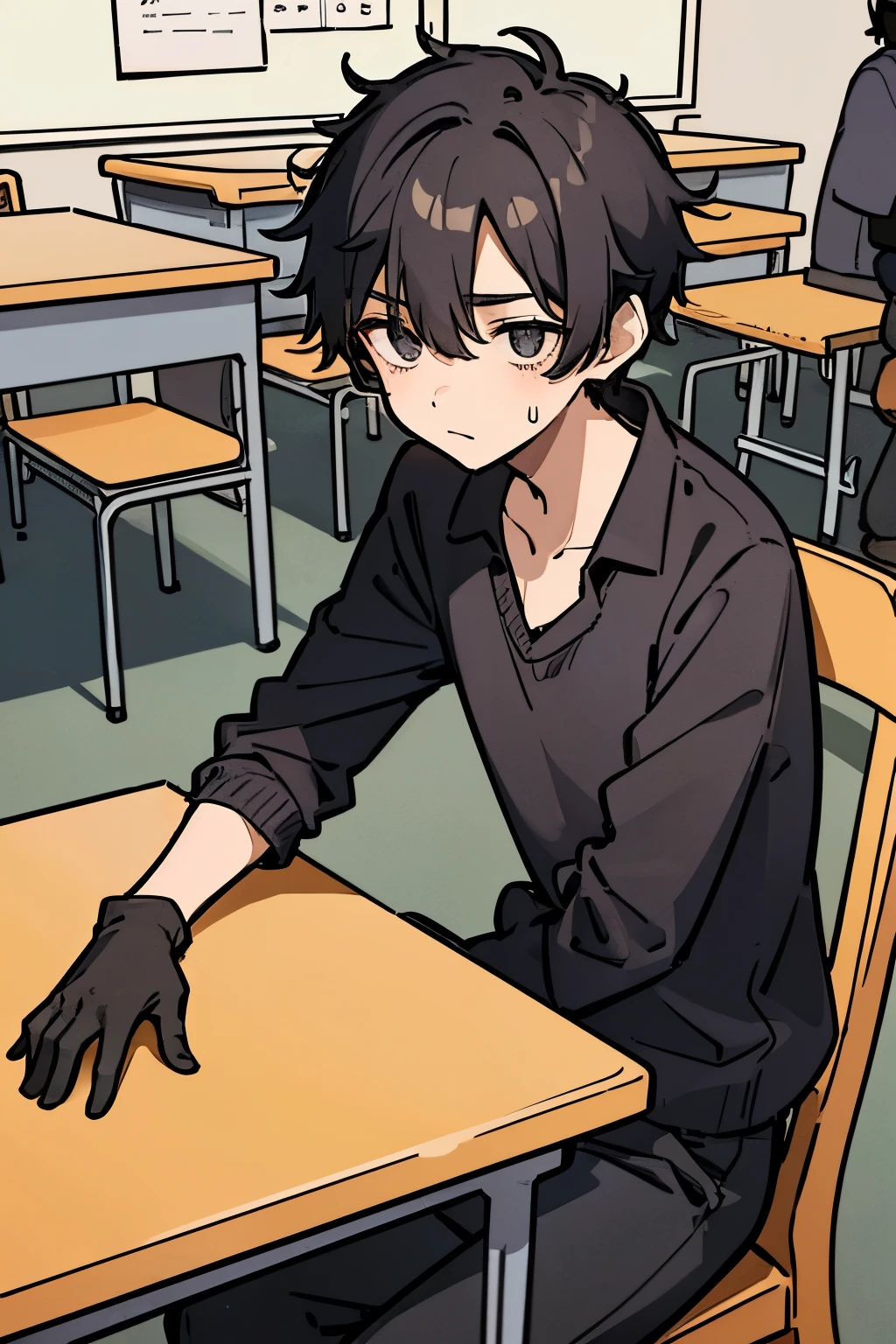 1boy, 18 years old, tall, short messy black hair, dark gray eyes with spiral, nervous, sweating on face, , black pants, lean build, black gloves, sitting in chair, table infront, classroom, sun shining down face, 8k, highres, absurdres, very close face closeup, masterpiece