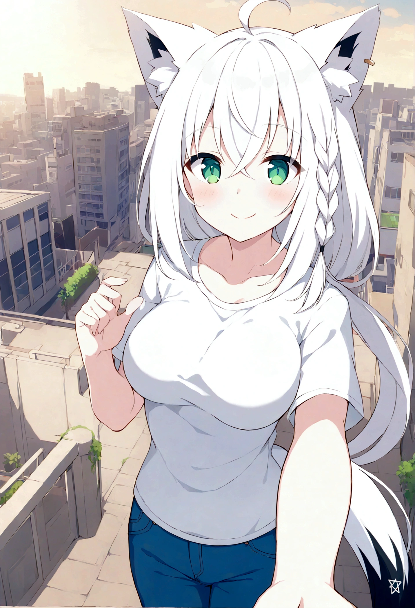 score_9, score_8_up, score_7_up, score_6_up, score_5_up, score_4_up, BREAK source_anime,POV,city,outdoor,smile,standing, Shirakami_Fubuki, white hair, long hair, ahoge, animal ears, green eyes, breasts, fox tail,white t-shirt,short sleeves,jeans,denim