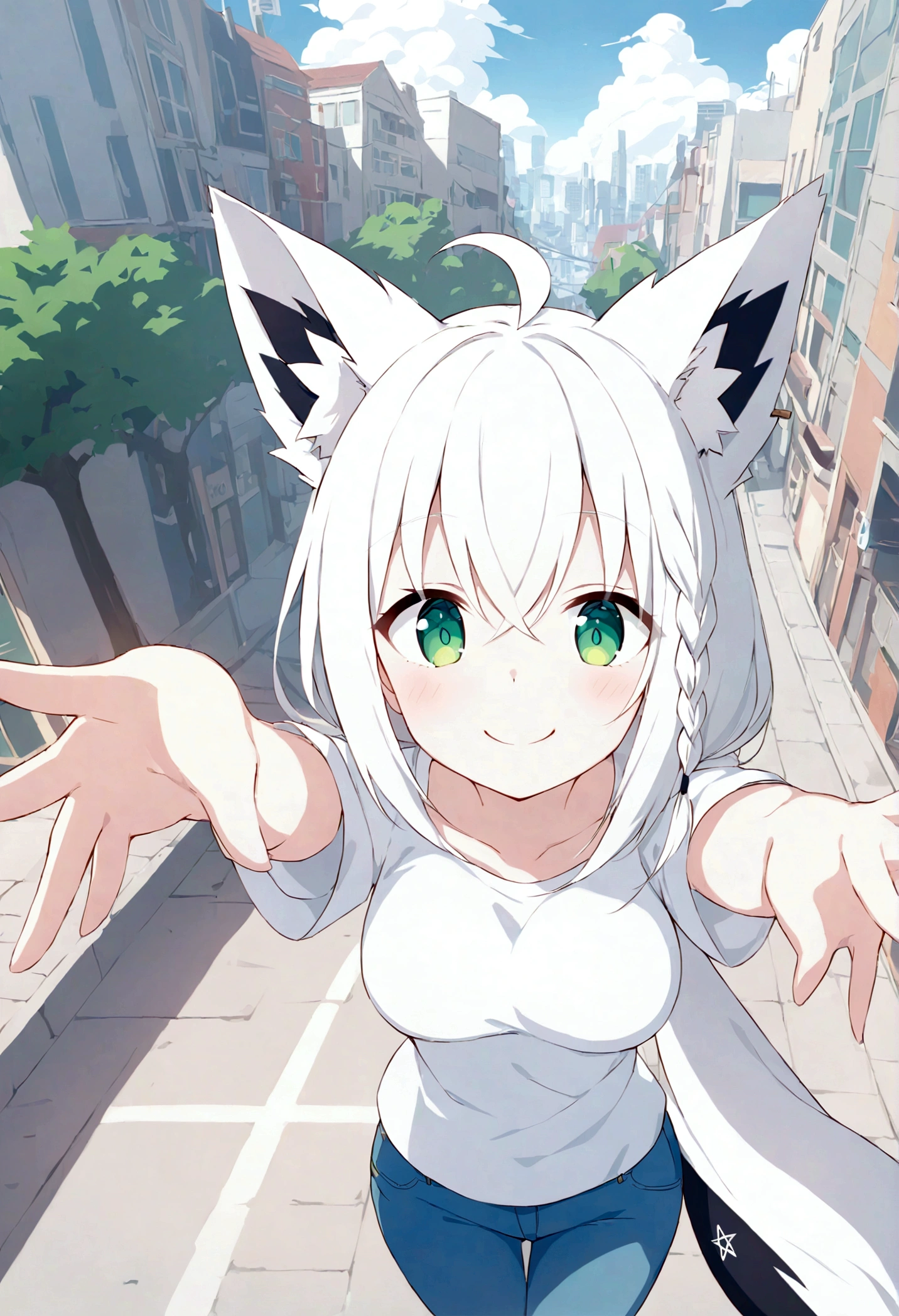 score_9, score_8_up, score_7_up, score_6_up, score_5_up, score_4_up, BREAK source_anime,POV,city,outdoor,smile,standing, Shirakami_Fubuki, white hair, long hair, ahoge, animal ears, green eyes, breasts, fox tail,white t-shirt,short sleeves,jeans,denim