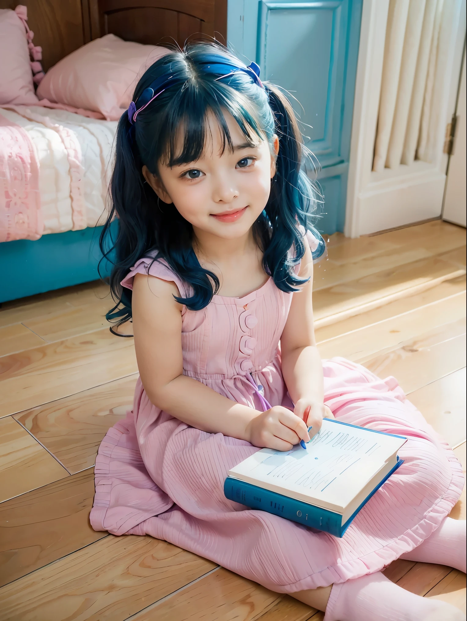 Character for children's book, a happy seven-year-old girl with wavy hair, (blue hair), in pink and lilac dress and a cord around her neck with a key, she is sitting on the floor with a book in her lap