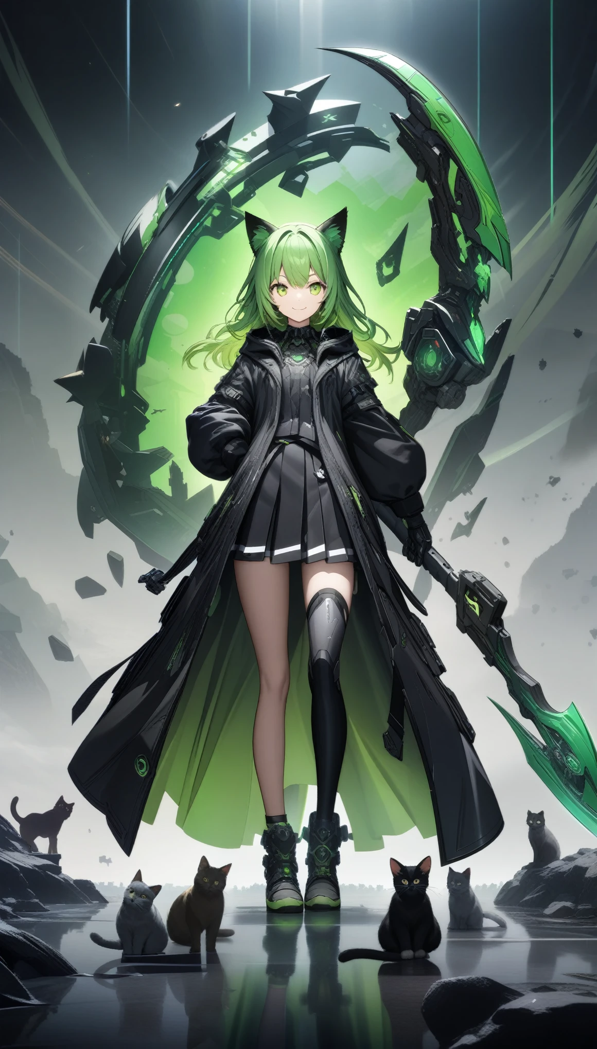32k, best quality, ultra high res, HDR, UHD, extremely detailed CG, unity 32k wallpaper, A dark, futuristic, silhouetted figure of a girl with cat ears and a long, flowing coat, holding a massive scythe with a mechanical cat integrated into the blade, standing on a reflective surface with a minimalist, light gray background. --ar 4:3 --stylize 600 --niji 6, Rock sign hands, A vibrant anime-style illustration of a green-haired girl surrounded by cats, with her hands making the rock sign symbol and smiling at the camera. The background is filled with various cat characters in different poses, all rendered in a detailed manga art style. --ar 3:4 --niji 6 --style raw, 