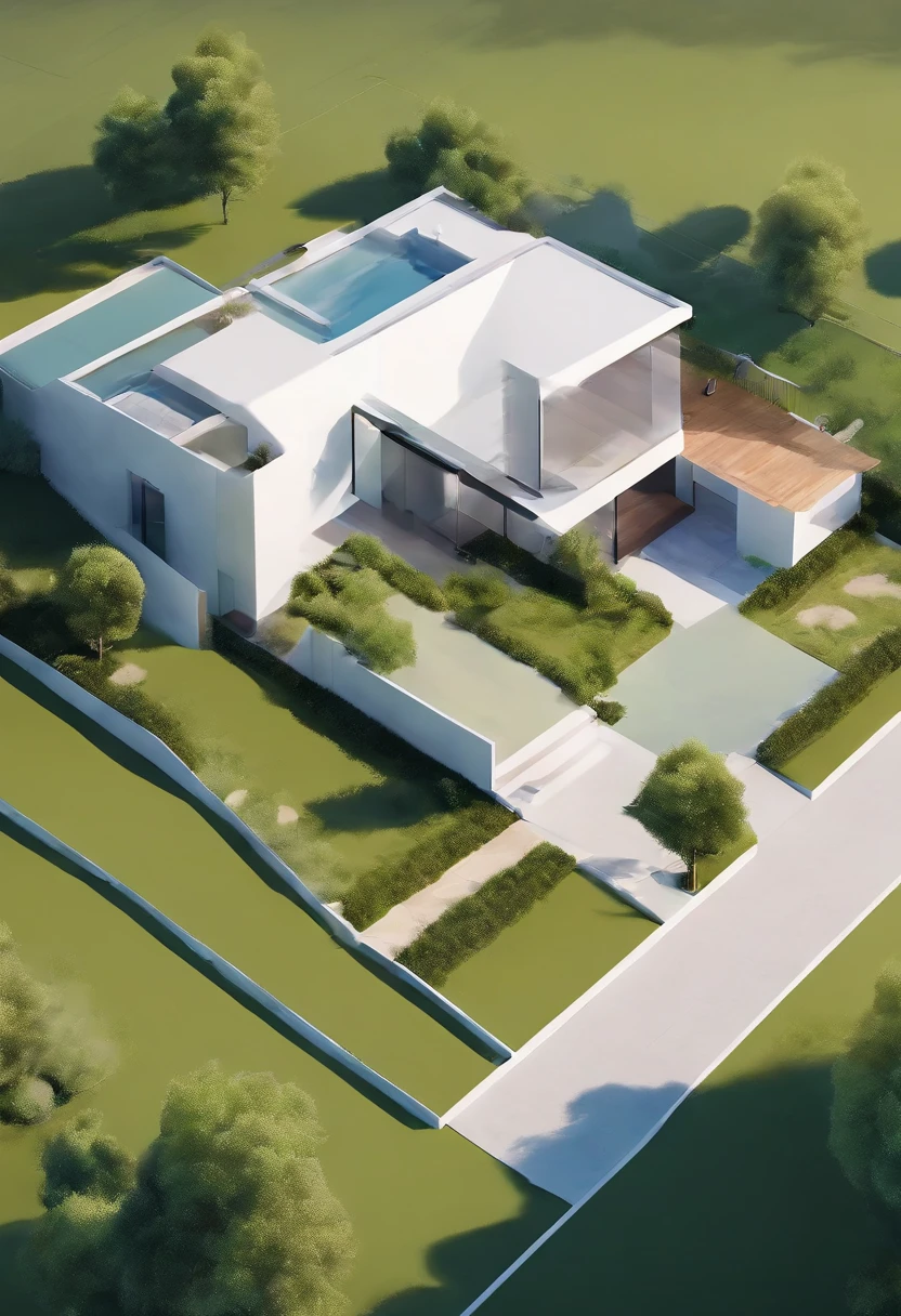 Create an illustration of a multi-room house, One-storey , view from above, for design, comfortable, light, stylishly. House against the backdrop of the park.