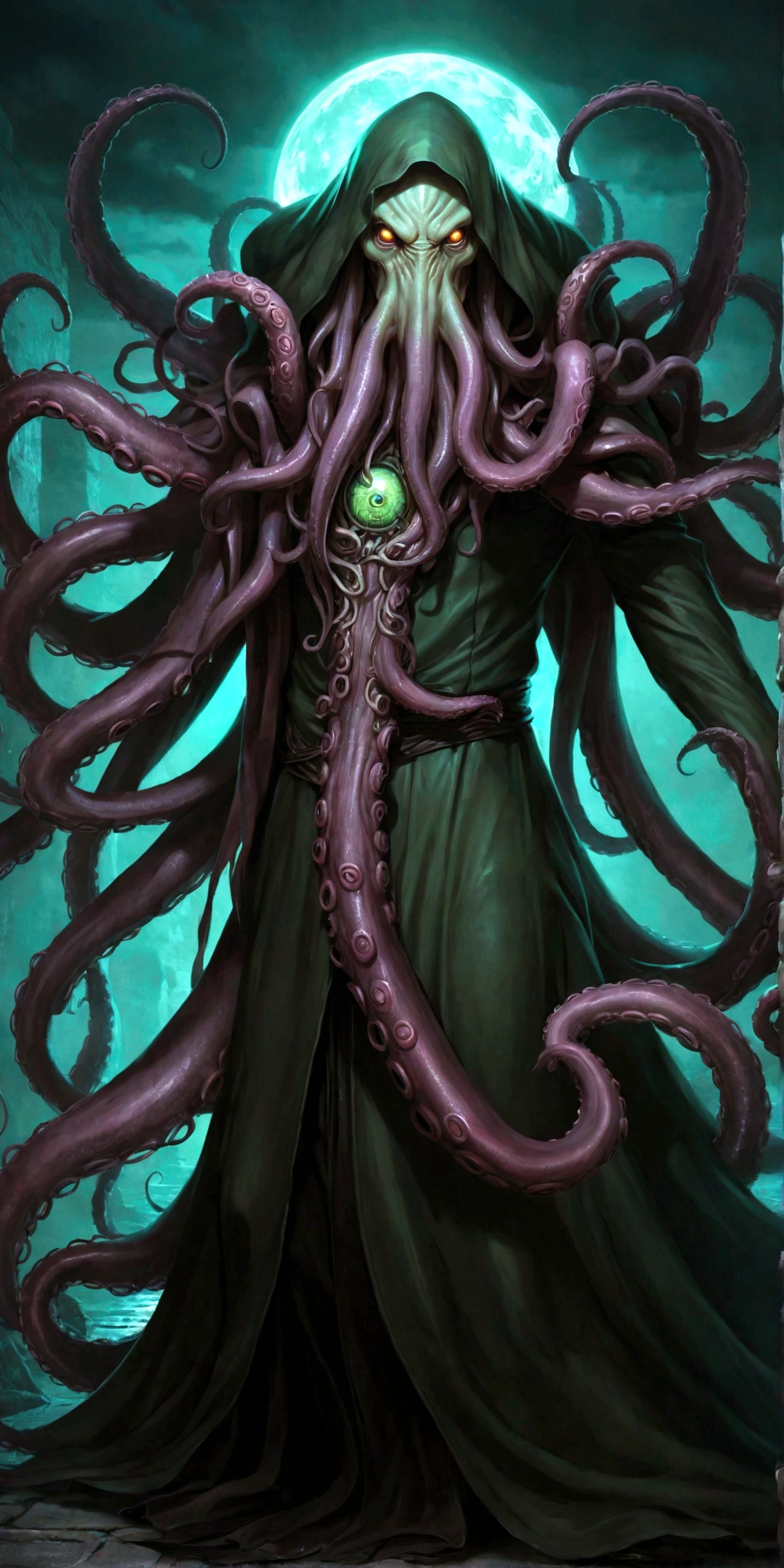 A Cthulhu Assassin，Dark twisted tentacles，Glowing immortal eyes，Unspeakable Ancient Entity，Sticky Limbs，Abomination of the Underworld，Alien Terror，Sticky Tentacles，Realistic，Lighting，Dramatic，dark，Melancholy atmosphere，Supernatural horror，Complex texture，Glowing skin，Intense gaze，Dramatic阴影，Melancholic color，Gothic，dark幻想，number