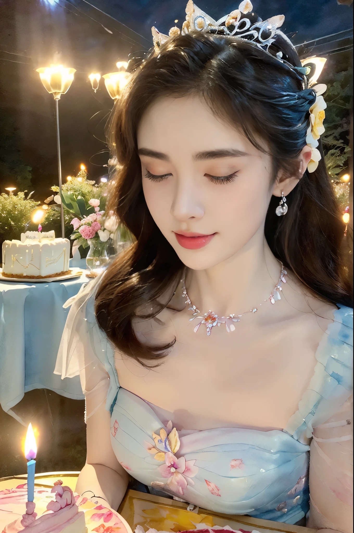 ((((8k))),((Extremely meticulous CG)) ,(wallpaper),16k,((Extremely refined and beautiful)),(((Masterpiece))),(((best qualtiy))),(((Ultra High Resolution))),beautiful light up,Perfect lightning,realistic shaded,((high resolution)),(Smooth and flawless fair skin:1.5),(pale skin:1.3),(Extremely exquisite facial details:1.2),(perfect body:1.1),(ultra-detailed),A beautiful girl,solo,(small head:1.2),(princess crown:1.2),(messy hair:1.2),(earrings:1.2),(small face:1.2),(Exquisite makeup:1.2),(blush:1.3),(small breasts:1.2),(flat chests:1.2),((slim,thin)),(laughing:1.2),(crystal necklace:1.2),(gorgeous blue floral dress:1.3),(stockings:1.5),(night scene:1.5),(In a luxurious restaurant:1.3),(candlelight dinner:1.2),(detailed background:1.5),(Standing:1.3),(arms behind back:1.3),(a cup of coffee),(a large fruits birthday cake on the table:1.3),(upper body:1.3),(from front:1.3),The scent of summer,Full of various cakes and pastries,sweet and warm atmosphere,(floral watercolor painting:1.3),(Super high saturation,bright and vivid colors:1.3), 