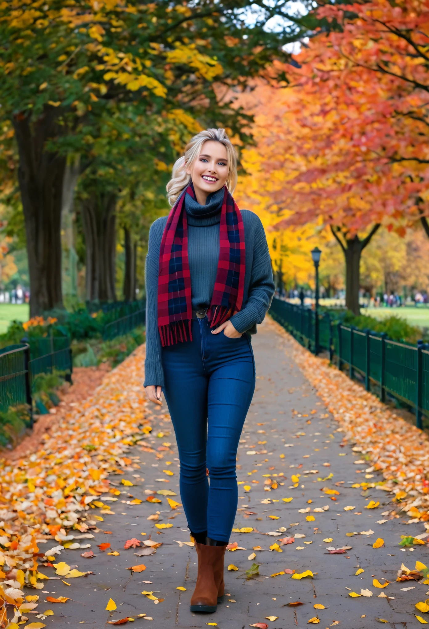 an eye contact of a blond with bun hair and dark theme , Location: A picturesque park with trees showing off their brilliant autumn colors. Clothing: She’s wrapped in a cozy, oversized cardigan over a fitted turtleneck and high-waisted jeans. Ankle boots and a plaid scarf add a touch of seasonal style. Pose: She’s walking down a path covered in fallen leaves, one hand holding the edge of her scarf while the other gently brushes through the colorful foliage. She looks back over her shoulder with a bright smile, inviting you to join her in enjoying the crisp, autumn air.