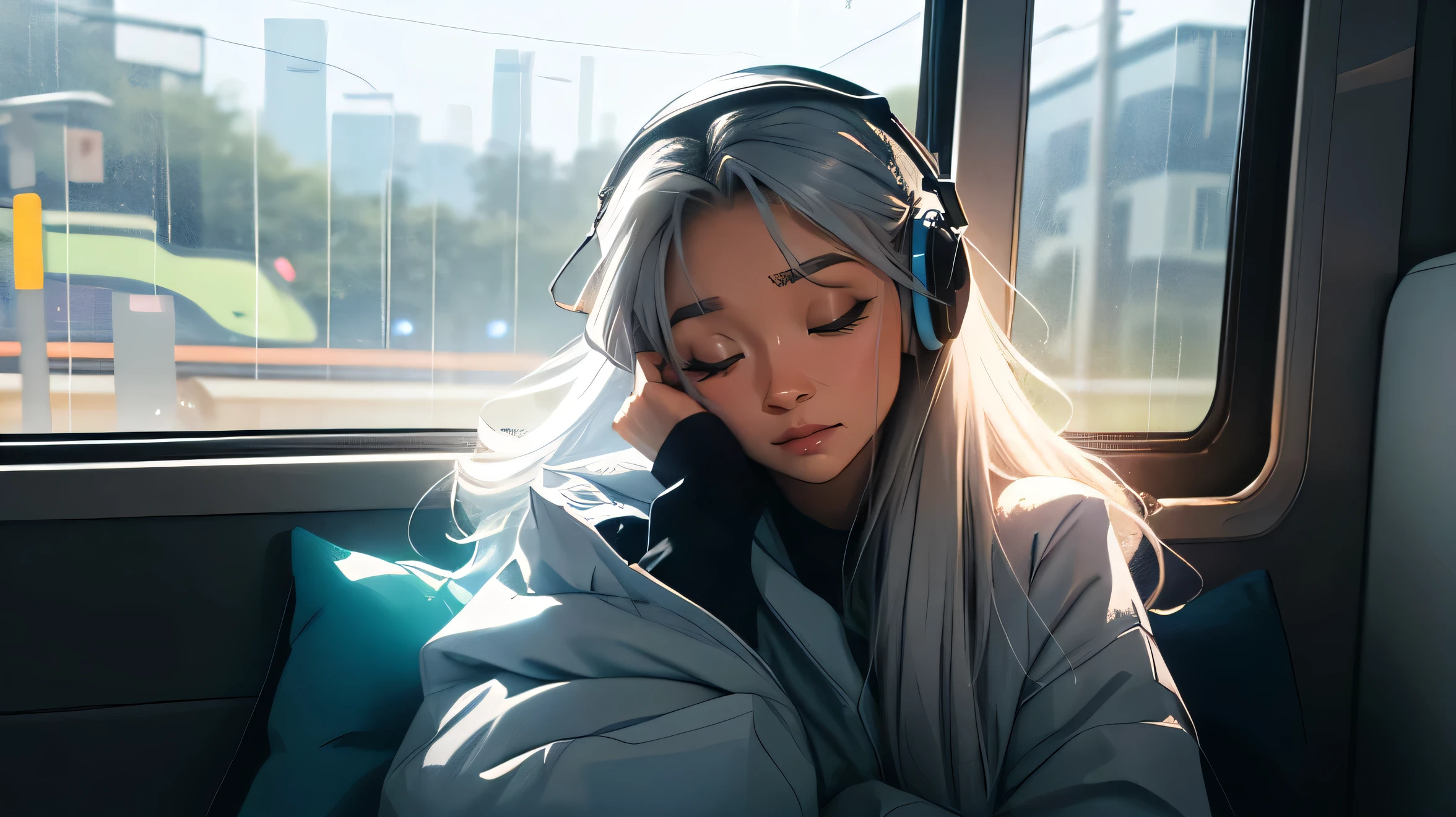 train, Sit by the window, close one&#39;s eyes, Restful sleep, wearing headphones, With both arms down, My head got stuck in the glass, Scenery passing by at high speed, night trip, rainy night sky, Beautiful girl, UHD Portraits, (high quality) (ultra detail) Looking at viewers wearing hip-hop style streetwear; different, fancy, long colored silver hair 🌈