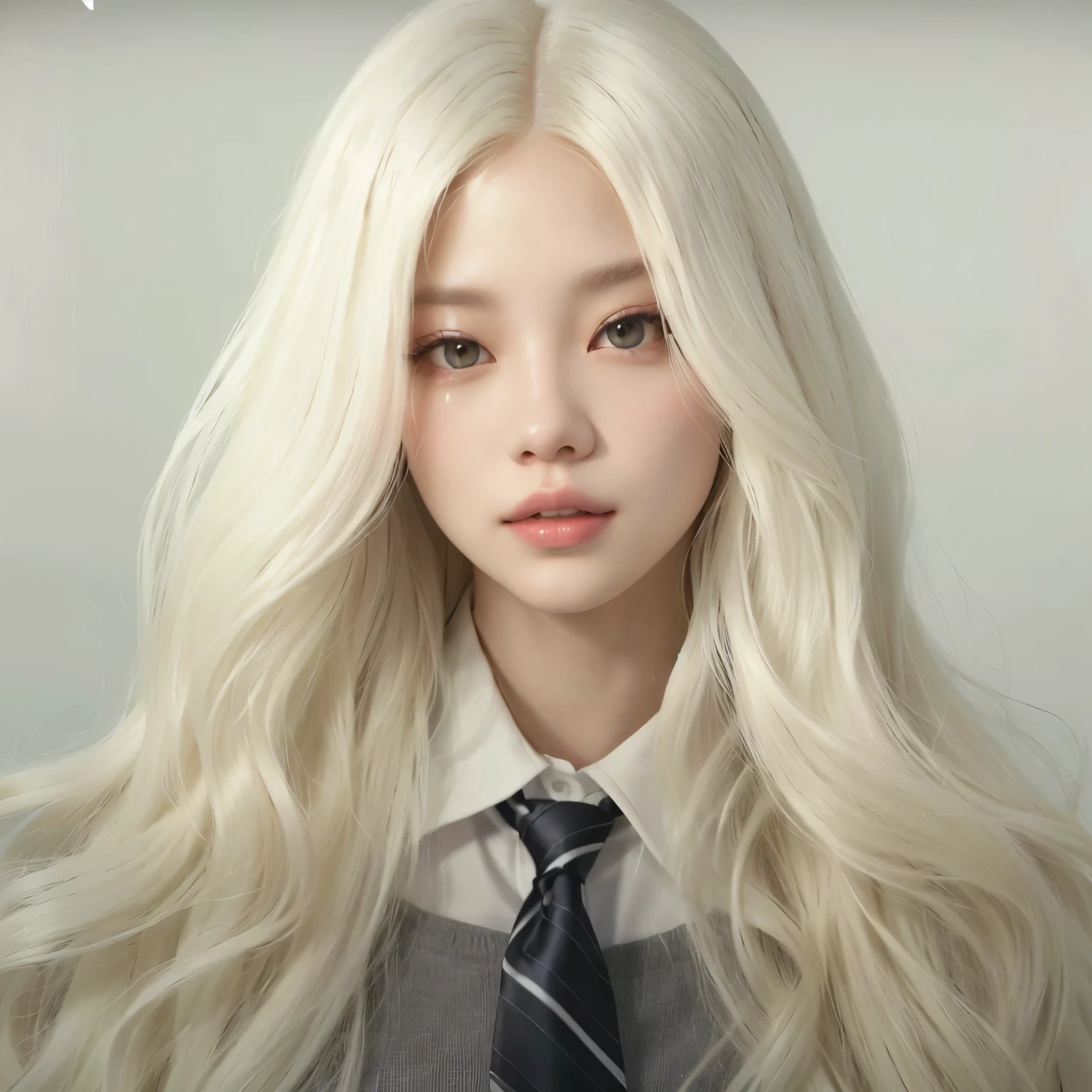 blonde woman with long hair wearing a tie and a suit, her hair is white, with white long hair, with long white hair, girl with white hair, perfect white haired girl, long wavy white hair, wavy white long hair, flowing white hair, white haired, with long blond hair, one girl has white hair, albino white pale skin, white - blond hair, face of Jennie BlackPink, Jennie, face de Jennie de BlackPink