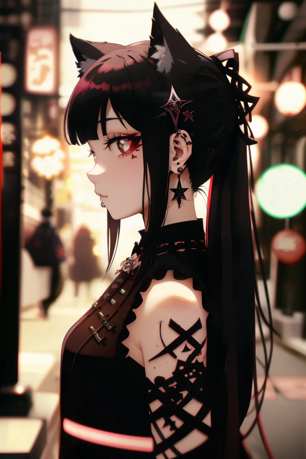 profile、From the side、Right beside、No sleeve、Tattoo、rot、Goth Punk、Of 1 person、solo、Medium Shot、Strolling in Harajuku、((during the night))、Bokeh、Neon Light、Starry Sky、Red glowing hair、Black eyebrows、Shiny Hair、(iridescent red hair)、Earrings、bangs、jewelry、鈍bangs、Blurred背景、Blurred、hair ornaments、Portrait、Side Lock