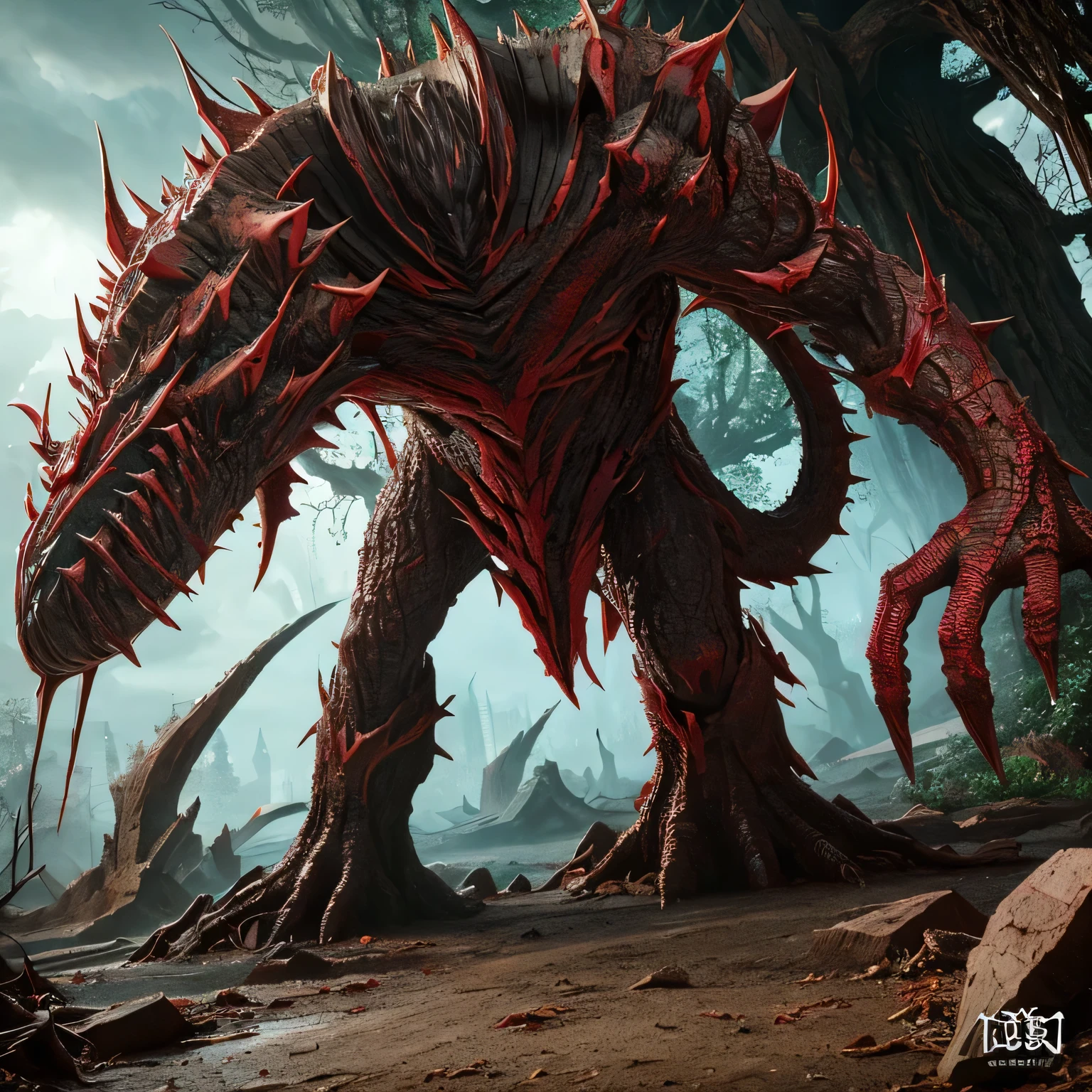 monster,tentacle,scale,bat wings,Bulk,monster,Evil God,eyeball,magic book,cane,red eyes,tree skin, vessel,quadrupedal walking,to be born々new,Evil,core,Lots of mouths,teeth,sharp nails, negative aura,spines,Tree roots,wood monster,