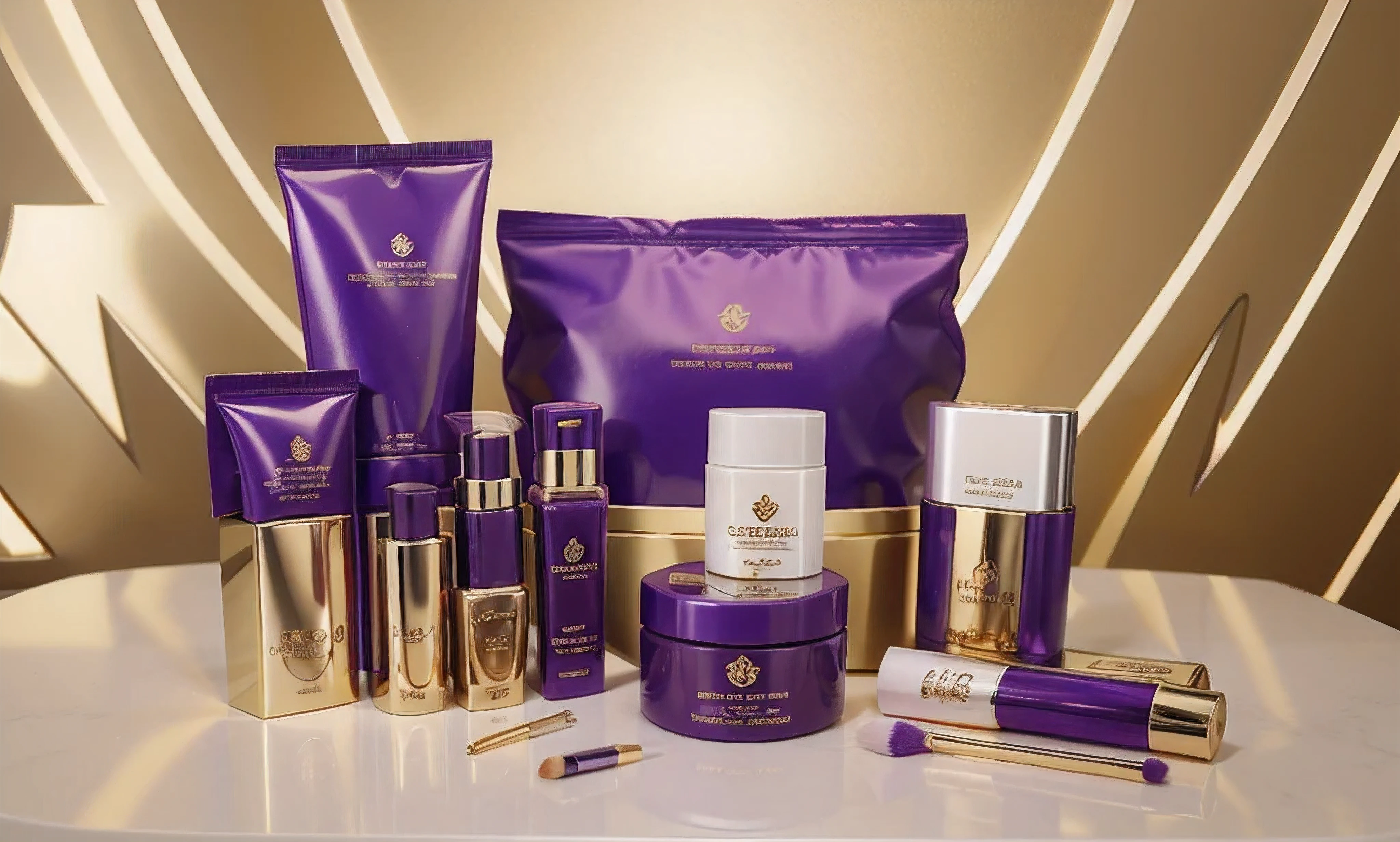 cosmetic packaging design in golden and purple color