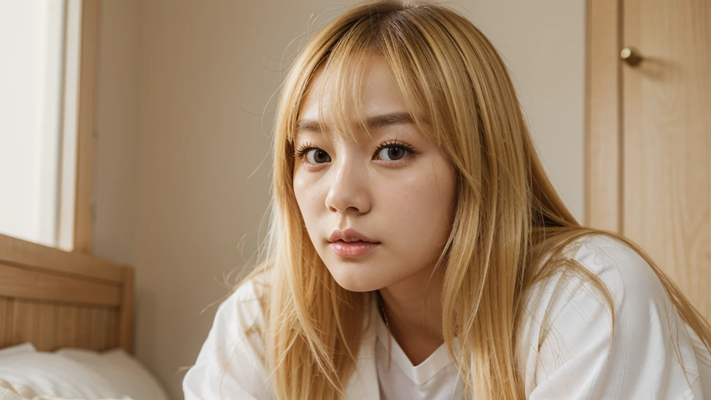 A Korean girl with blonde highlighted hair