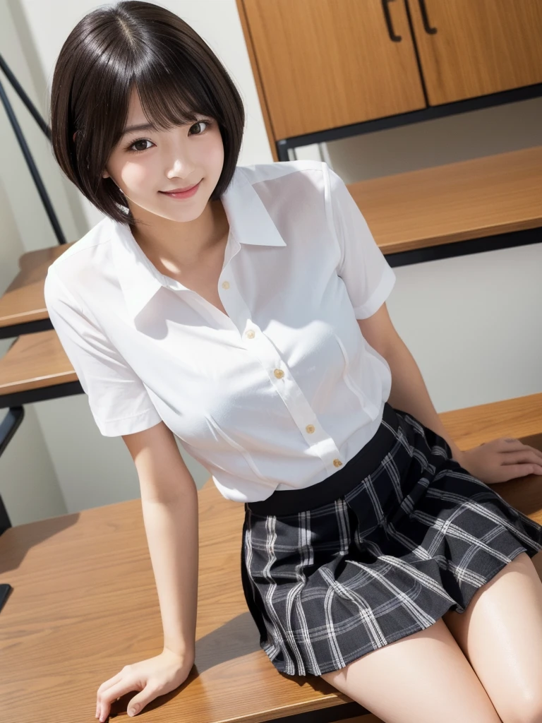 (8k, Photorealistic, Raw photo, Highest quality: 1.4),Japanese idol-style beautiful girl,1 person,17 years old,Hairstyle(Short Bob,Black :1.4),She has her hair tucked behind her ears,Large, clear grey eyes,Long eyelashes,Plump Cheeks,Smiling,Thin and delicate shoulders,Thin waist,Blackの靴下を履いている,(Short sleeve blouse(White)Wear(Unbutton,Bare Skin)),Pleated skirt(Plaid)Wearing,School classroom,(Sit on a desk(Crossing your legs)),Place your hands on your crotch,Angle from below the front,Full body portrait