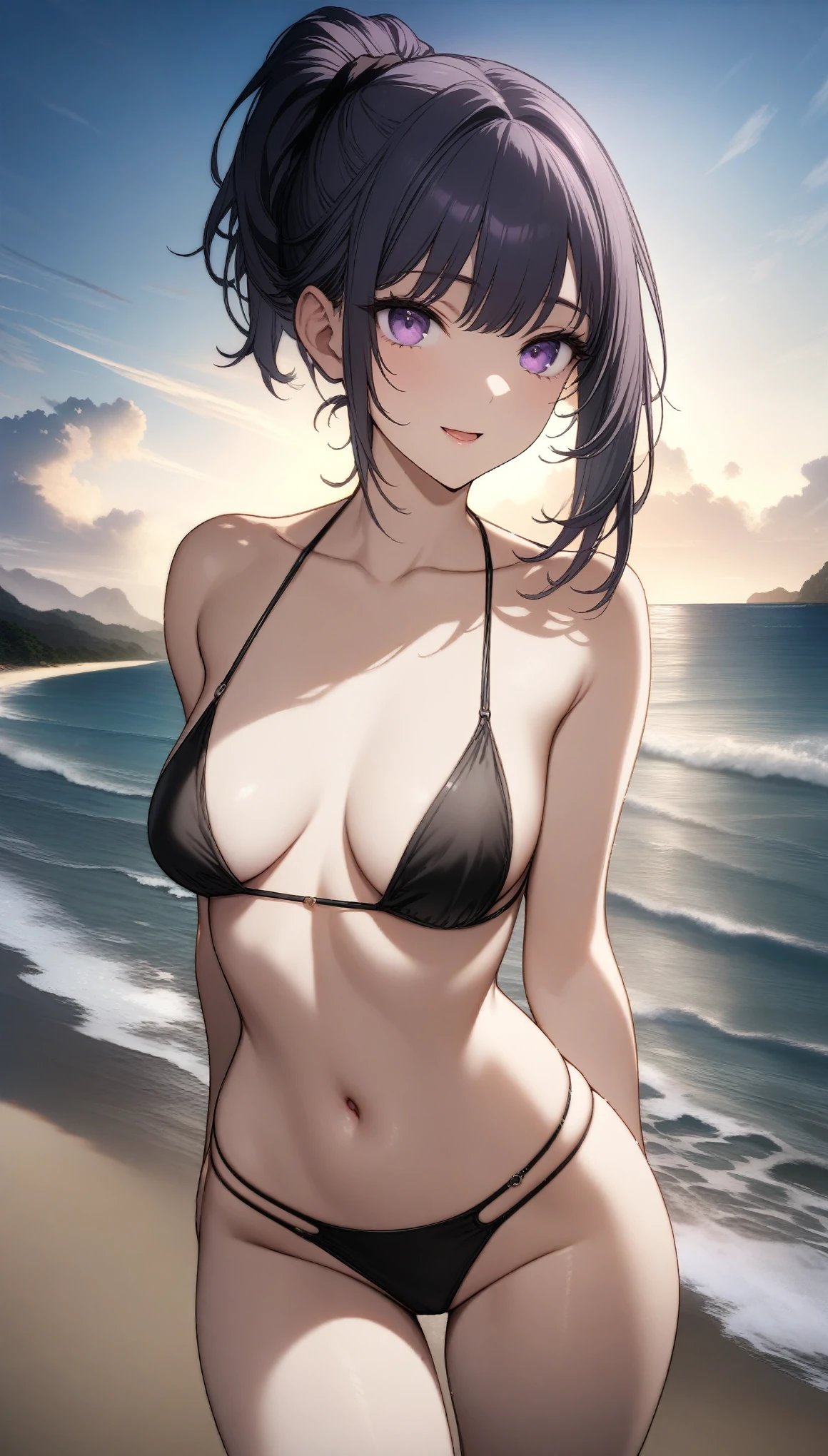 nsfw, 32k, best quality, ultra high res, HDR, UHD, extremely detailed CG, unity 32k wallpaper, One girl,High resolution,  high quality,  masterpiece, Purple eyes, Black Bikini, Beach, Black ponytail, 