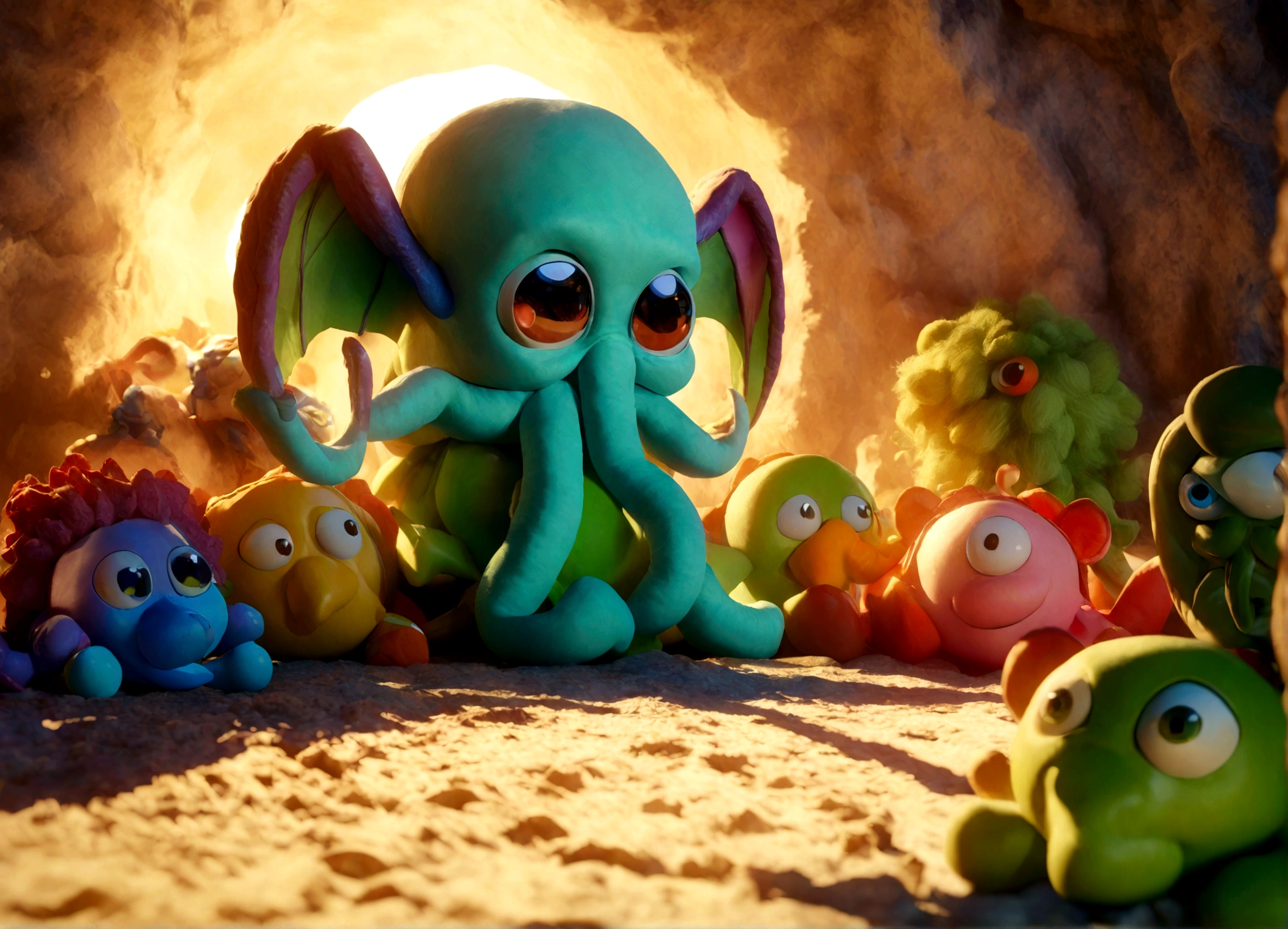 a plush Cthulhu creature emerging from Andy's toy box, Pixar style, Cthulhu destroying the Toy Story cast, extremely detailed, high quality, 3D render, hyperrealistic, cinematic lighting, vibrant colors, whimsical, cute, mischievous, intricate textures, soft fabric, stuffed toy, playful, dynamic pose, dramatic shadows, warm lighting, realistic shading, deep depth of field, beautifully detailed, seamless integration, striking composition, Pixar-esque aesthetic, masterpiece