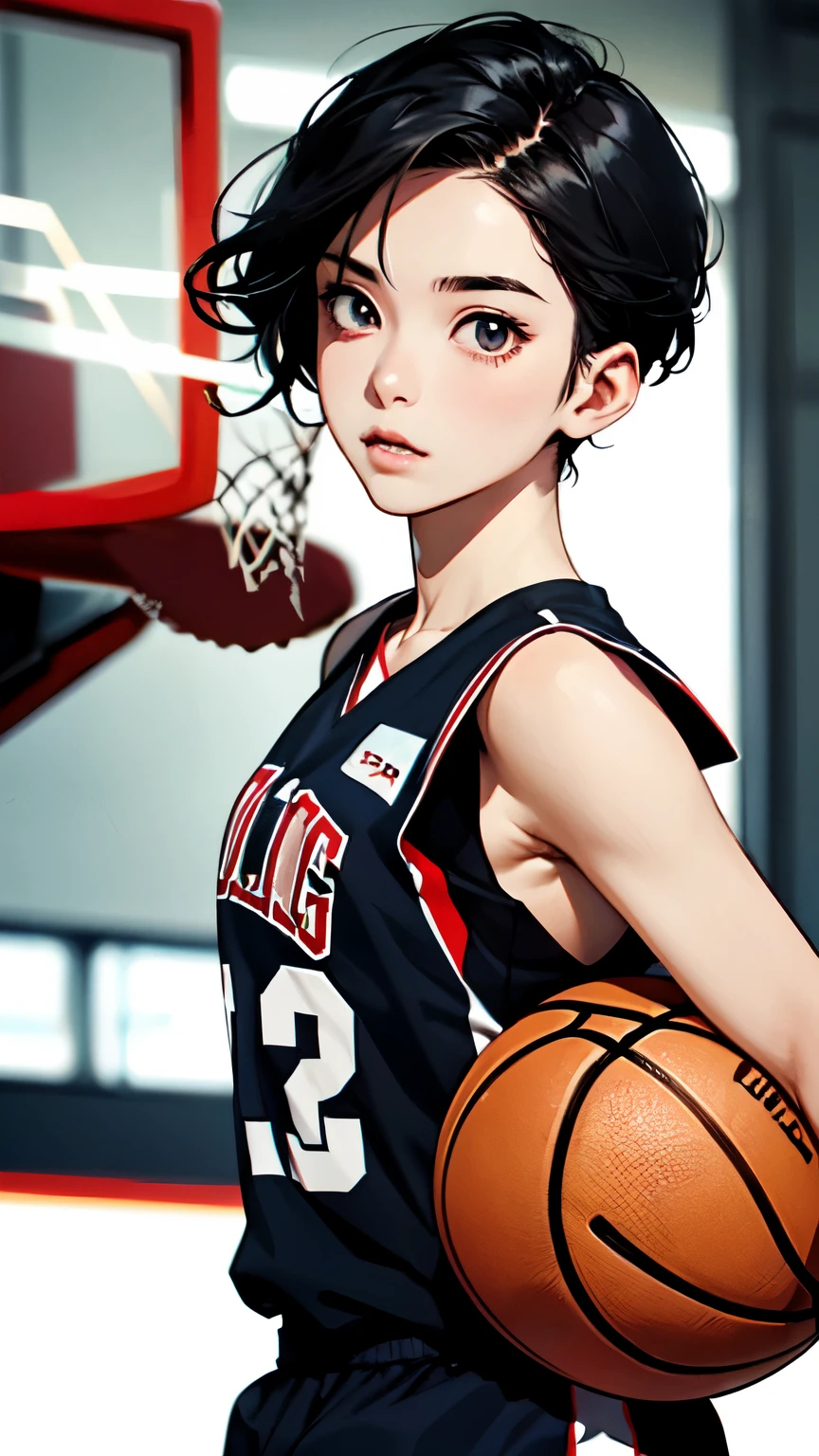 Slam Dunk female protagonist, fictional, dunk shot, basketball uniform, sense of speed, short black hair, detailed eyes, detailed face