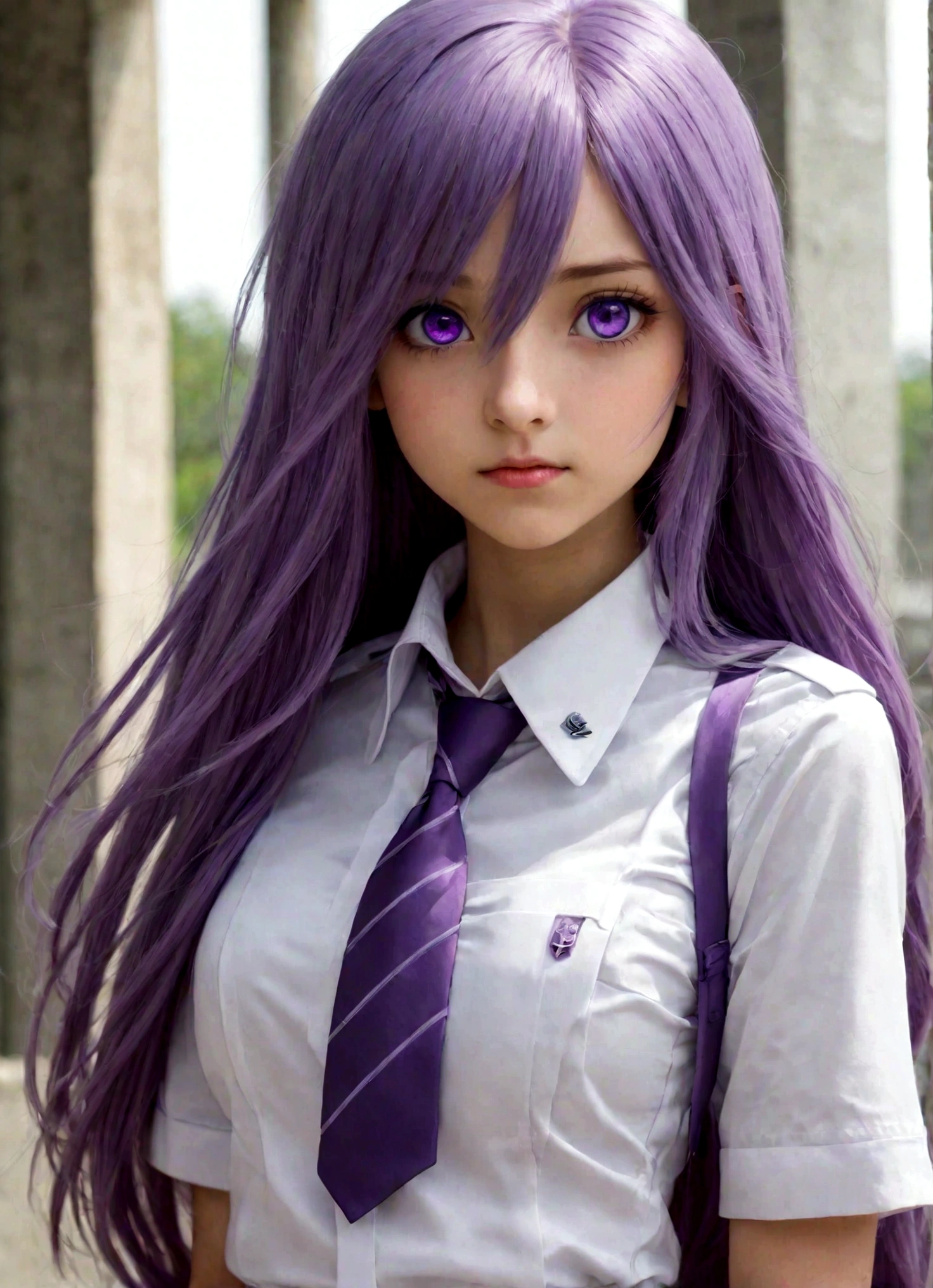 girl with straight long purple hair , she has purple eyes, gapmoe yandere, wearing white uniform, gray tie, graw skirt,