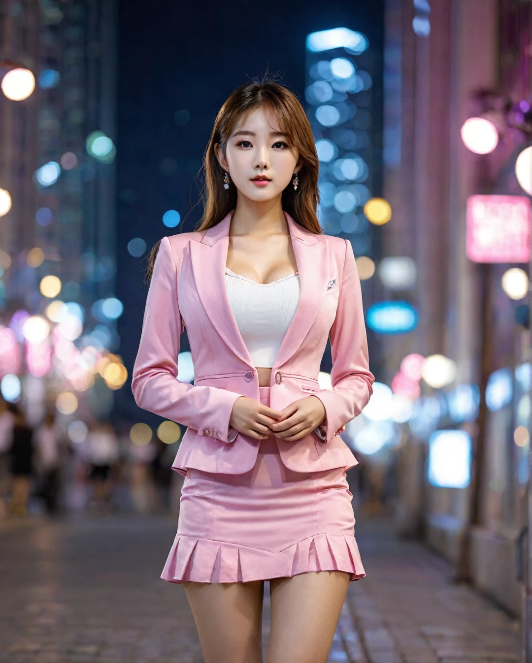 Full body of beautiful korean female, 34 inch breasts size, wearing pink suit, and short skirt, in the night city, night light, bokeh background, UHD