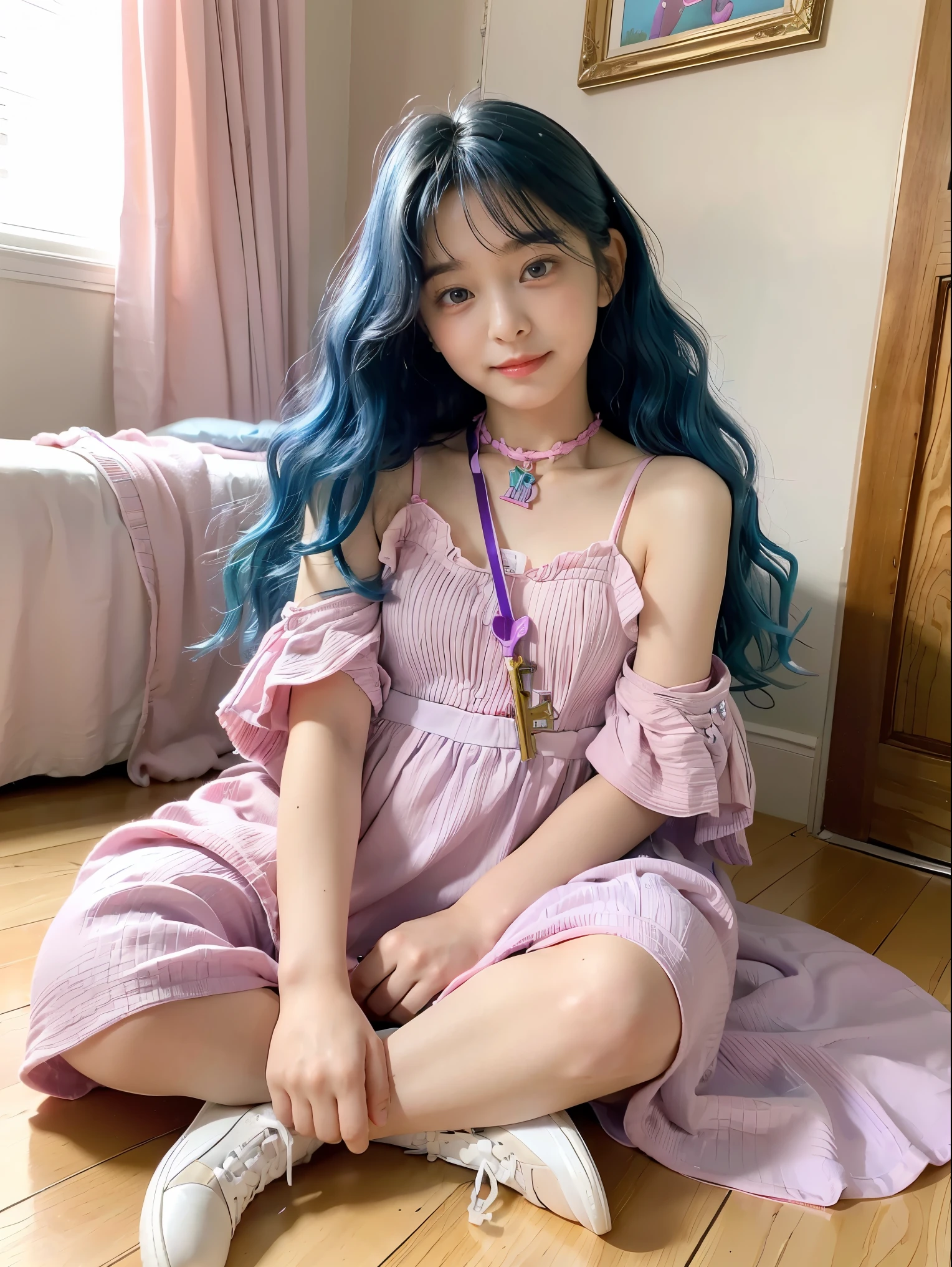 Character for children's book, a happy seven-year-old girl with wavy hair, (blue hair), in pink and lilac dress and a cord around her neck with a key, she is sitting on the floor with a book in her lap