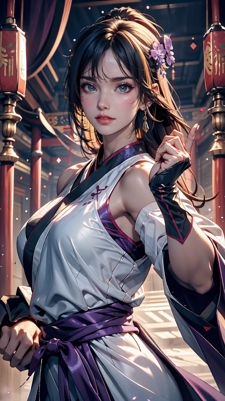 Handsome Chinese woman, Sharp eyes, Distinct facial features, Wearing Hanfu, Combat Stance, Martial arts movements, A body enveloped in purple mist, Runes, Holographic Reality, Holographic Halo, Motion Blur, Game light effect, Edge Light, Soft Light, movie Edge Light, Delicate Light, masterpiece, Very detailed, A magnificent composition, Super HD, high quality, 最high quality, 32k