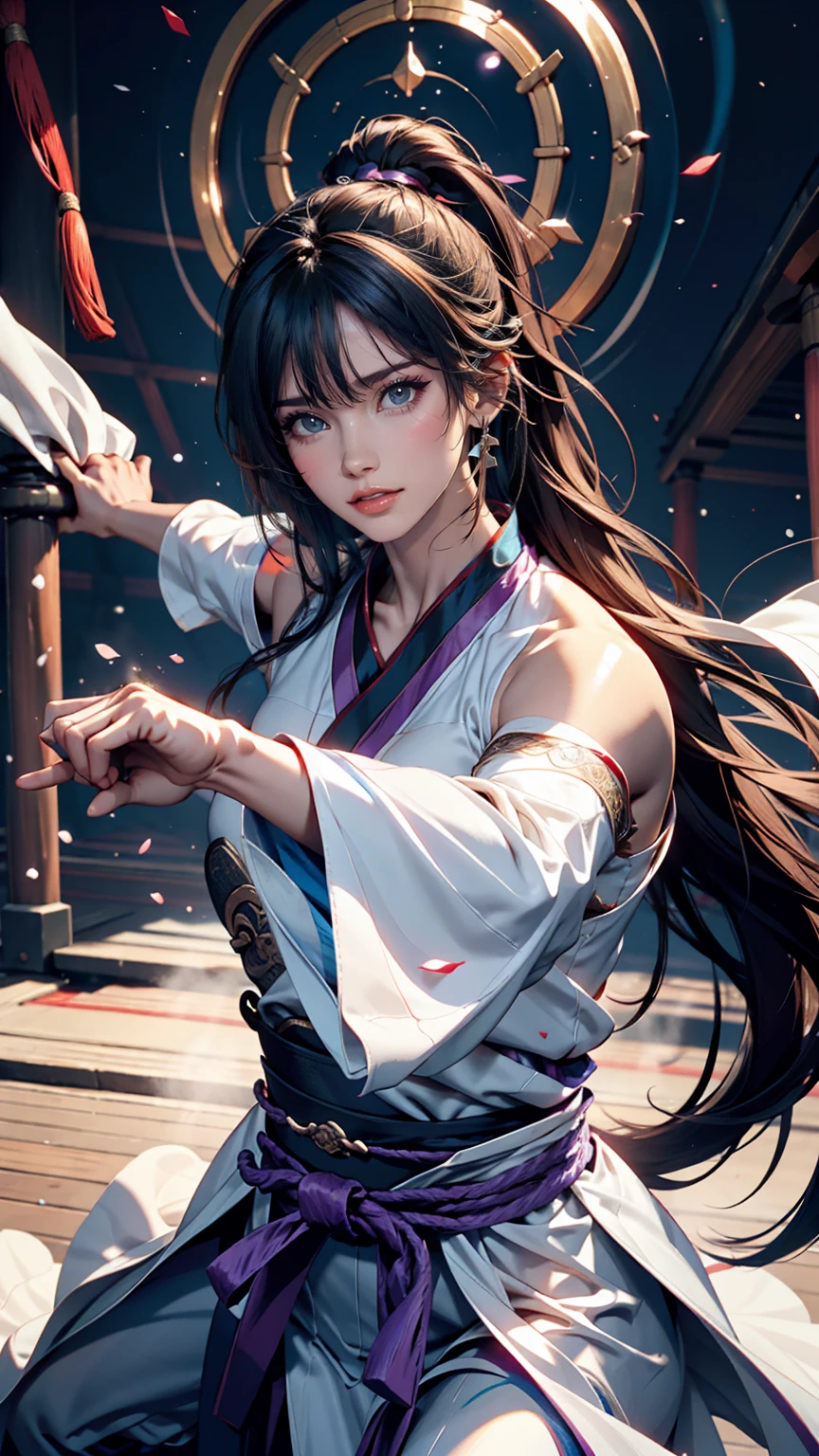 Handsome Chinese woman, Sharp eyes, Distinct facial features, Wearing Hanfu, Combat Stance, Martial arts movements, A body enveloped in purple mist, Runes, Holographic Reality, Holographic Halo, Motion Blur, Game light effect, Edge Light, Soft Light, movie Edge Light, Delicate Light, masterpiece, Very detailed, A magnificent composition, Super HD, high quality, 最high quality, 32k