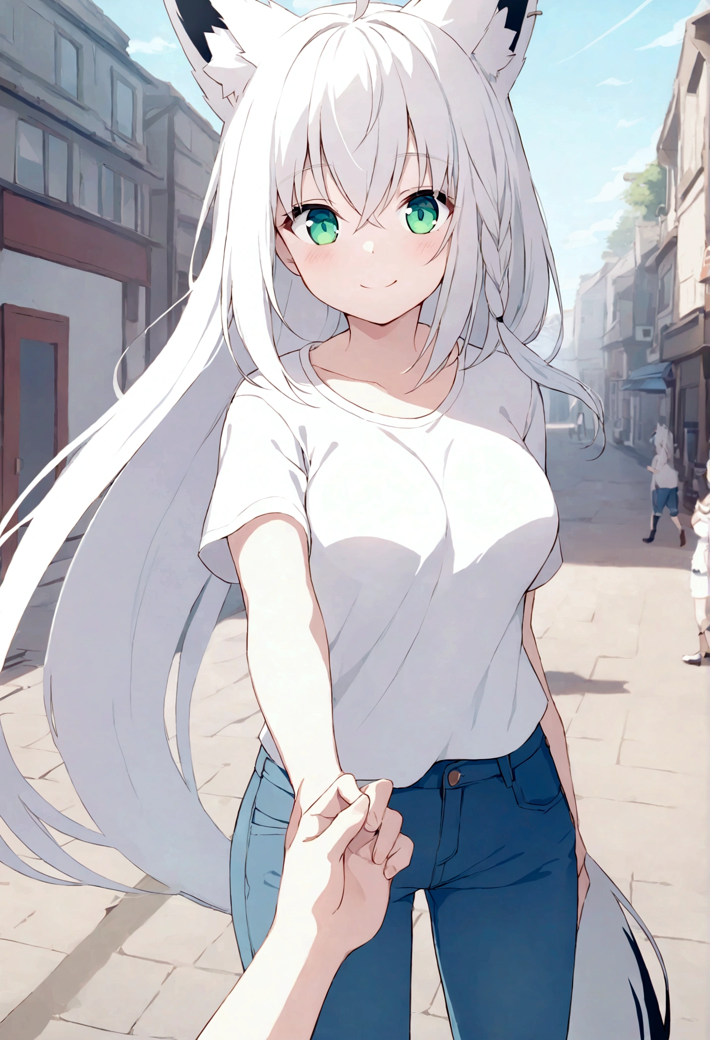 ,POV,outdoor,smile,standing, Shirakami_Fubuki, white hair, long hair, ahoge, animal ears, green eyes, breasts, fox tail,white t-shirt,short sleeves,jeans,denim