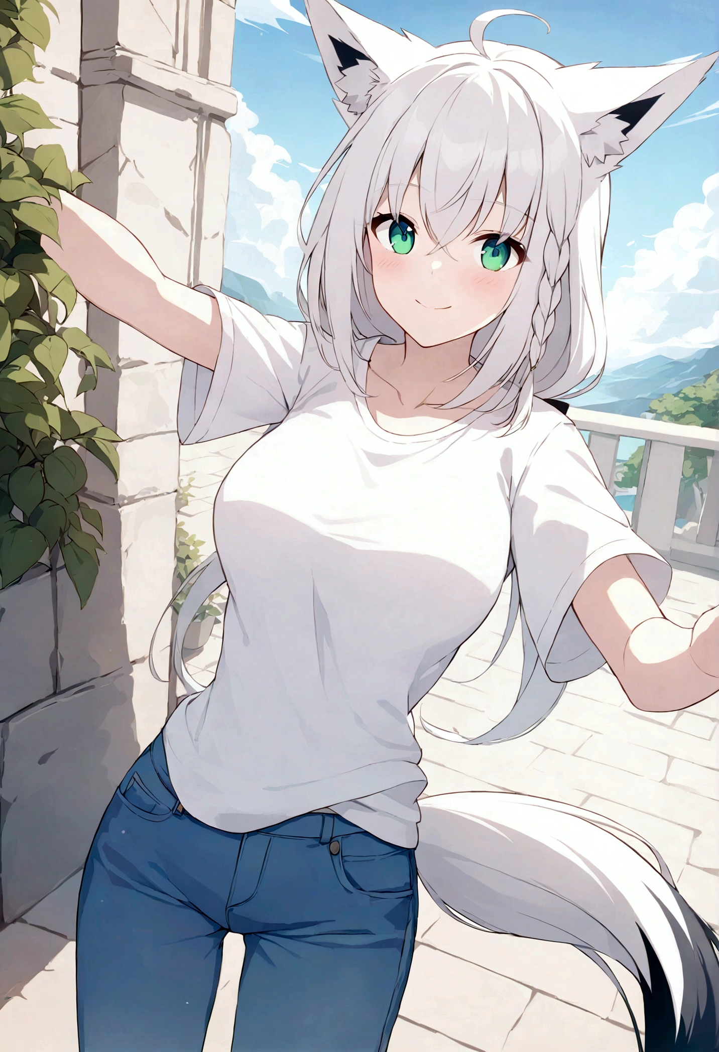 ,POV,outdoor,smile,standing, Shirakami_Fubuki, white hair, long hair, ahoge, animal ears, green eyes, breasts, fox tail,white t-shirt,short sleeves,jeans,denim