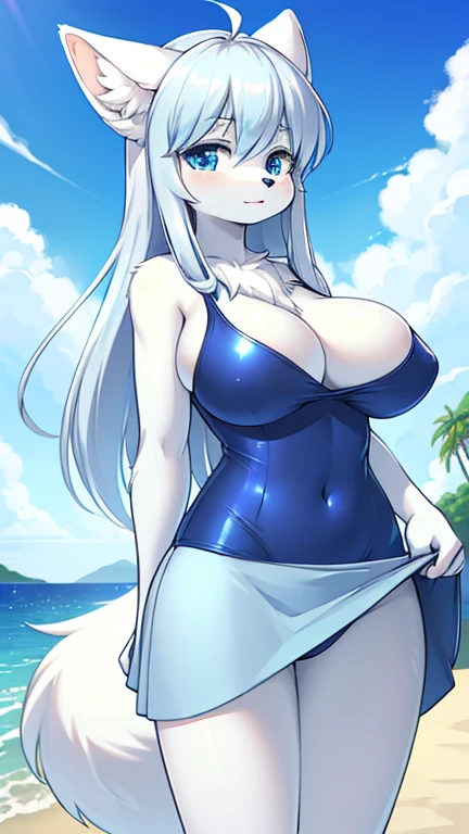 best quality, best resolution, (fluffy anthro furry), arctic fox girl, silver hair, blue eyes, (white fur), long straight hair, big breast, sophisticated manner, (dark blue one piece swimsuit, light blue cover up wrap skirt), standing, beach