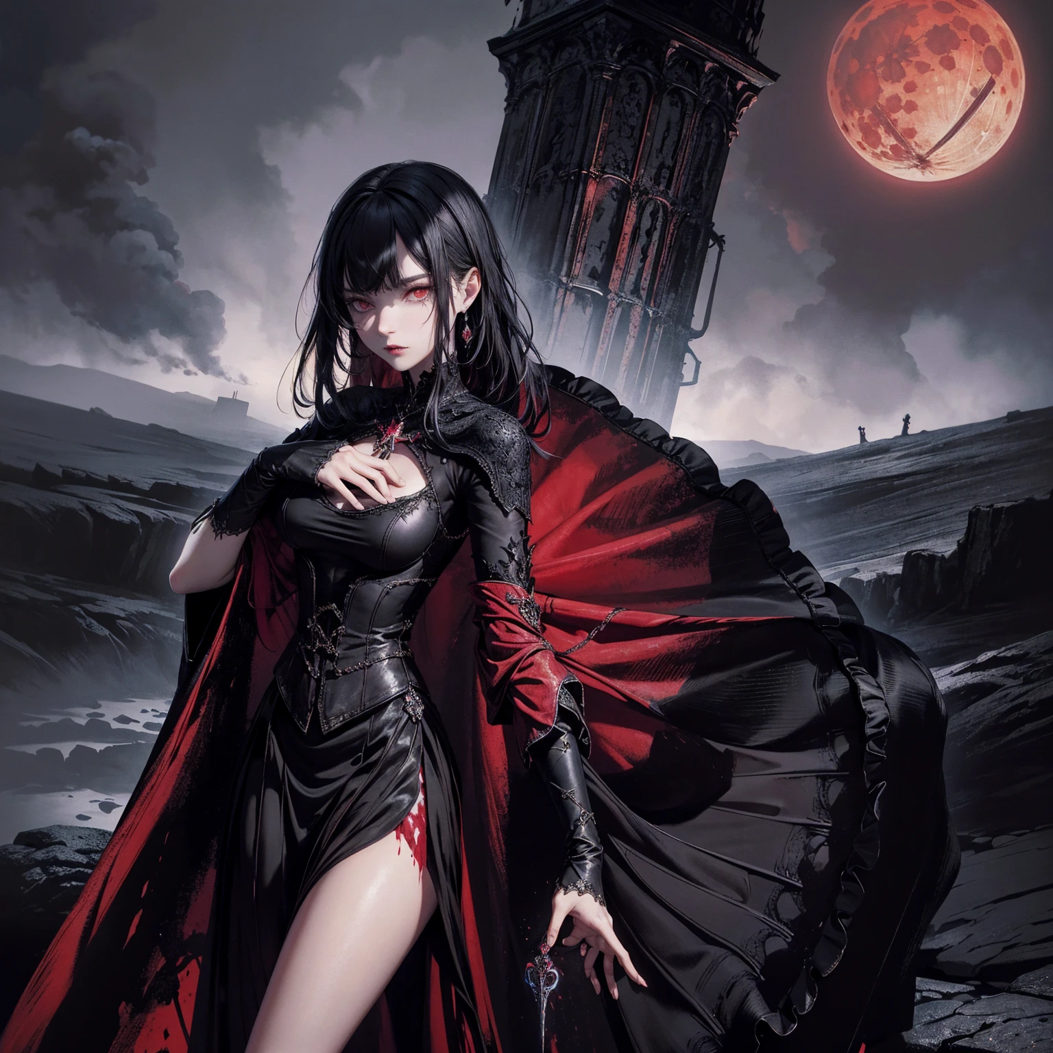 best quality, 4k, high resolution, masterpiece:1.2, Very detailed, actual:1.37, Mood lighting, Girl in a cloak, Wearing a tight gothic skirt that shows a little skin above the chest, Dangerous sneer, Black Hair, Standing, Positive face, Crucified, Pitch black sky, Blood-red moon, strange atmosphere, Gothic style, Unforgettable beauty, Dramatic shadows, Ethereal Light, Mysterious atmosphere.
