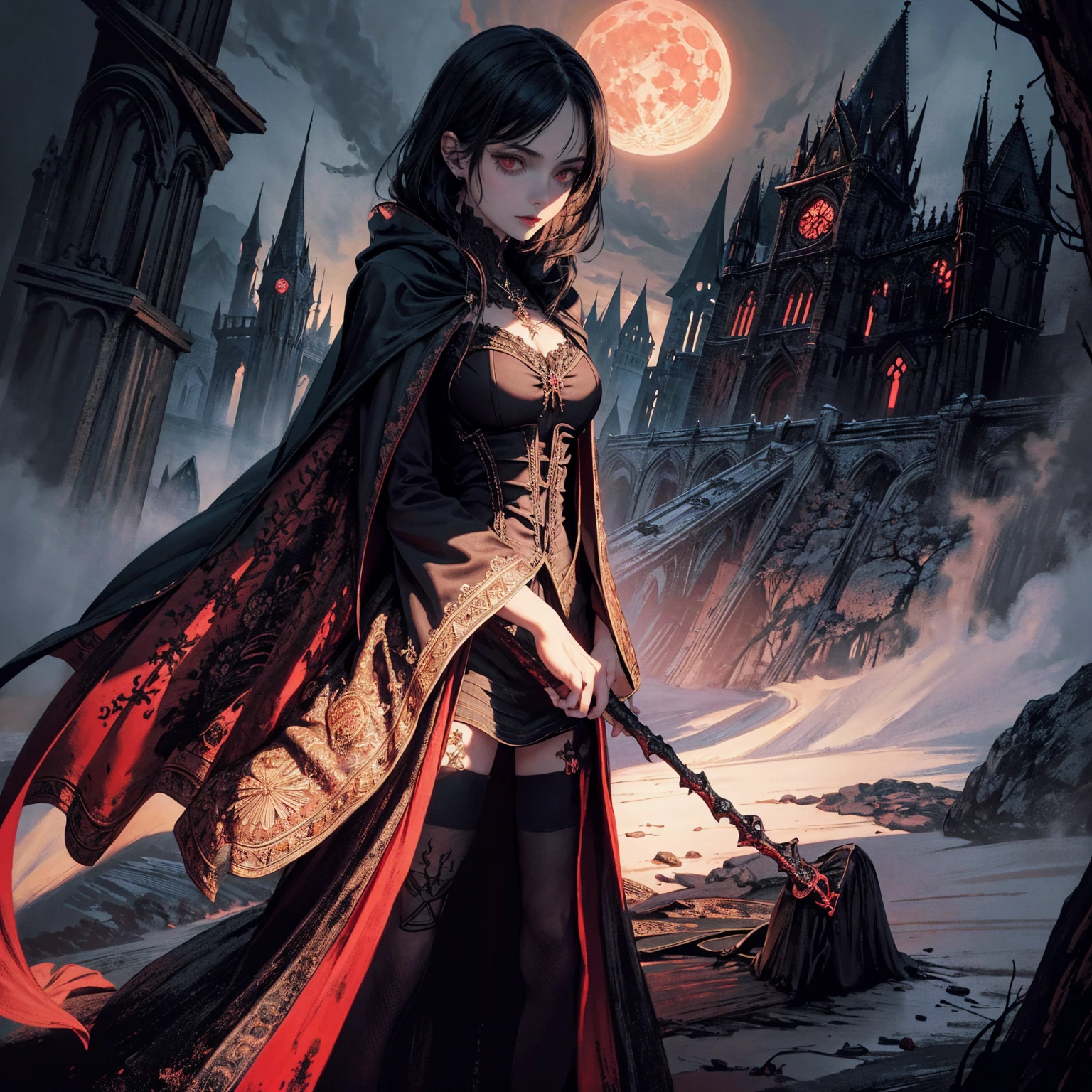 best quality, 4k, high resolution, masterpiece:1.2, Very detailed, actual:1.37, Mood lighting, Girl in a cloak, Wearing a tight gothic skirt that shows a little skin above the chest, Dangerous sneer, Black Hair, Standing, Positive face, Crucified, Pitch black sky, Blood-red moon, strange atmosphere, Gothic style, Unforgettable beauty, Dramatic shadows, Ethereal Light, Mysterious atmosphere.