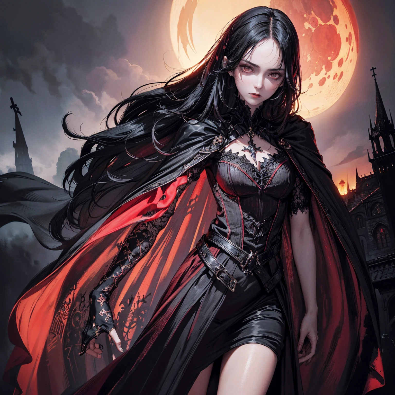 best quality, 4k, high resolution, masterpiece:1.2, Very detailed, actual:1.37, Mood lighting, Girl in a cloak, Wearing a tight gothic skirt that shows a little skin above the chest, Dangerous sneer, Black Hair, Standing, Positive face, Crucified, Pitch black sky, Blood-red moon, strange atmosphere, Gothic style, Unforgettable beauty, Dramatic shadows, Ethereal Light, Mysterious atmosphere.