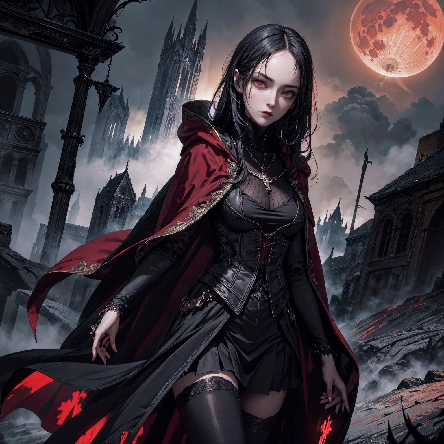 best quality, 4k, high resolution, masterpiece:1.2, Very detailed, actual:1.37, Mood lighting, Girl in a cloak, Wearing a tight gothic skirt that shows a little skin above the chest, Dangerous sneer, Black Hair, Standing, Positive face, Crucified, Pitch black sky, Blood-red moon, strange atmosphere, Gothic style, Unforgettable beauty, Dramatic shadows, Ethereal Light, Mysterious atmosphere.