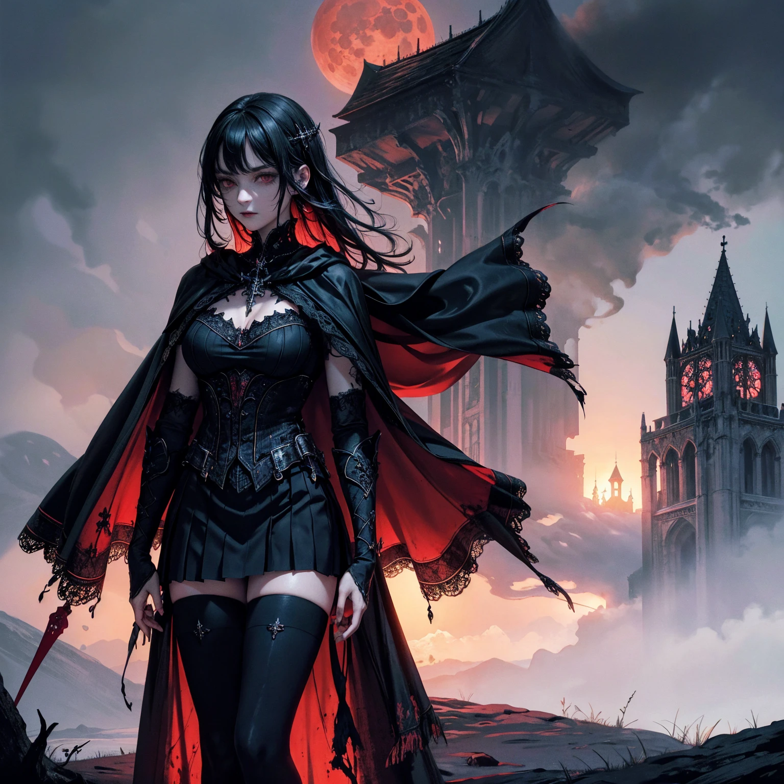 best quality, 4k, high resolution, masterpiece:1.2, Very detailed, actual:1.37, Mood lighting, Girl in a cloak, Wearing a tight gothic skirt that shows a little skin above the chest, Dangerous sneer, Black Hair, Standing, Positive face, Crucified, Pitch black sky, Blood-red moon, strange atmosphere, Gothic style, Unforgettable beauty, Dramatic shadows, Ethereal Light, Mysterious atmosphere.