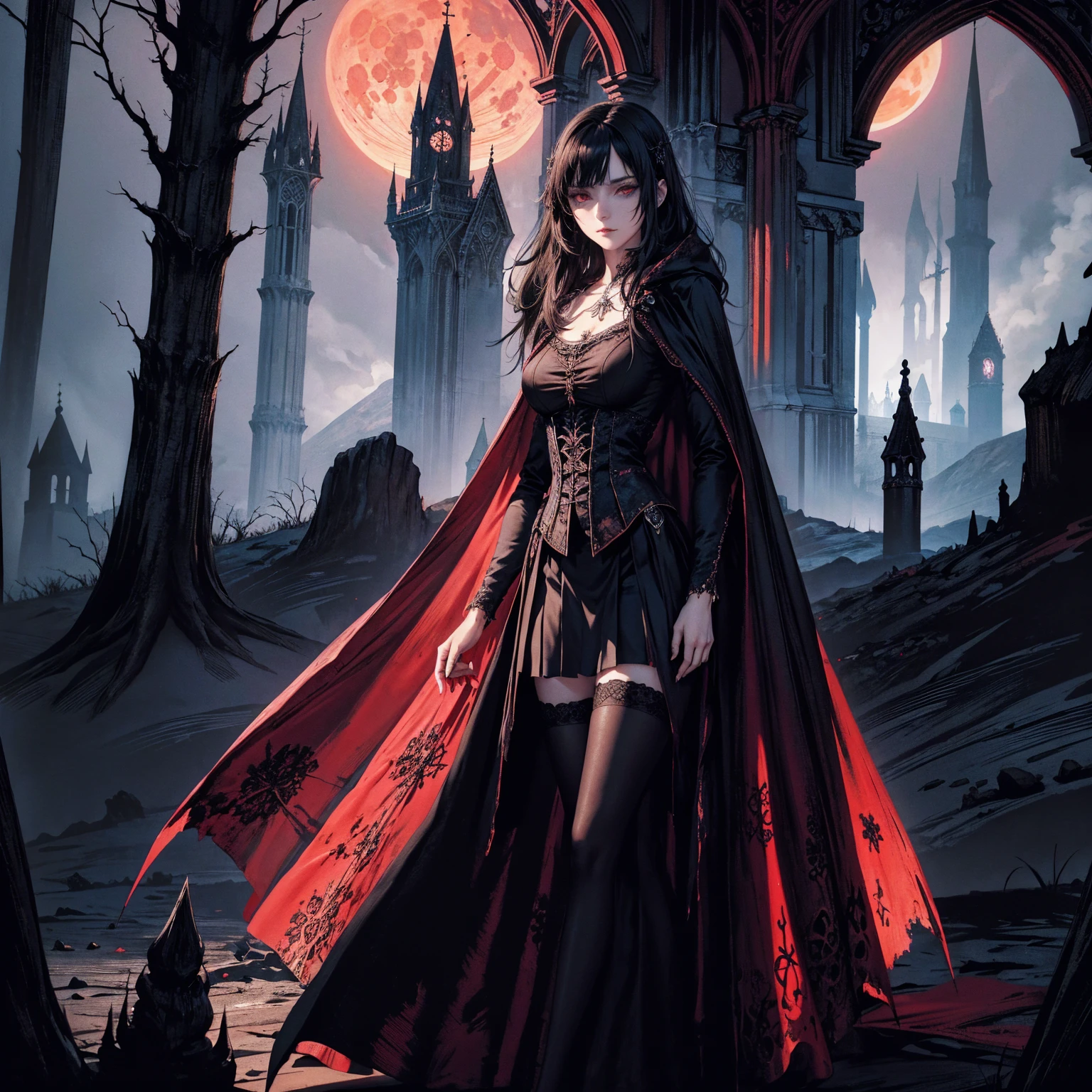 best quality, 4k, high resolution, masterpiece:1.2, Very detailed, actual:1.37, Mood lighting, Girl in a cloak, Wearing a tight gothic skirt that shows a little skin above the chest, Dangerous sneer, Black Hair, Standing, Positive face, Crucified, Pitch black sky, Blood-red moon, strange atmosphere, Gothic style, Unforgettable beauty, Dramatic shadows, Ethereal Light, Mysterious atmosphere.