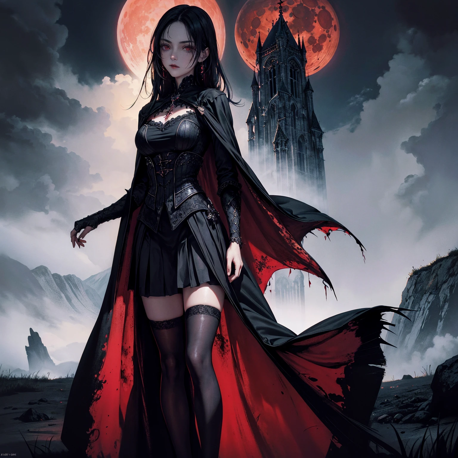 best quality, 4k, high resolution, masterpiece:1.2, Very detailed, actual:1.37, Mood lighting, Girl in a cloak, Wearing a tight gothic skirt that shows a little skin above the chest, Dangerous sneer, Black Hair, Standing, Positive face, Crucified, Pitch black sky, Blood-red moon, strange atmosphere, Gothic style, Unforgettable beauty, Dramatic shadows, Ethereal Light, Mysterious atmosphere.