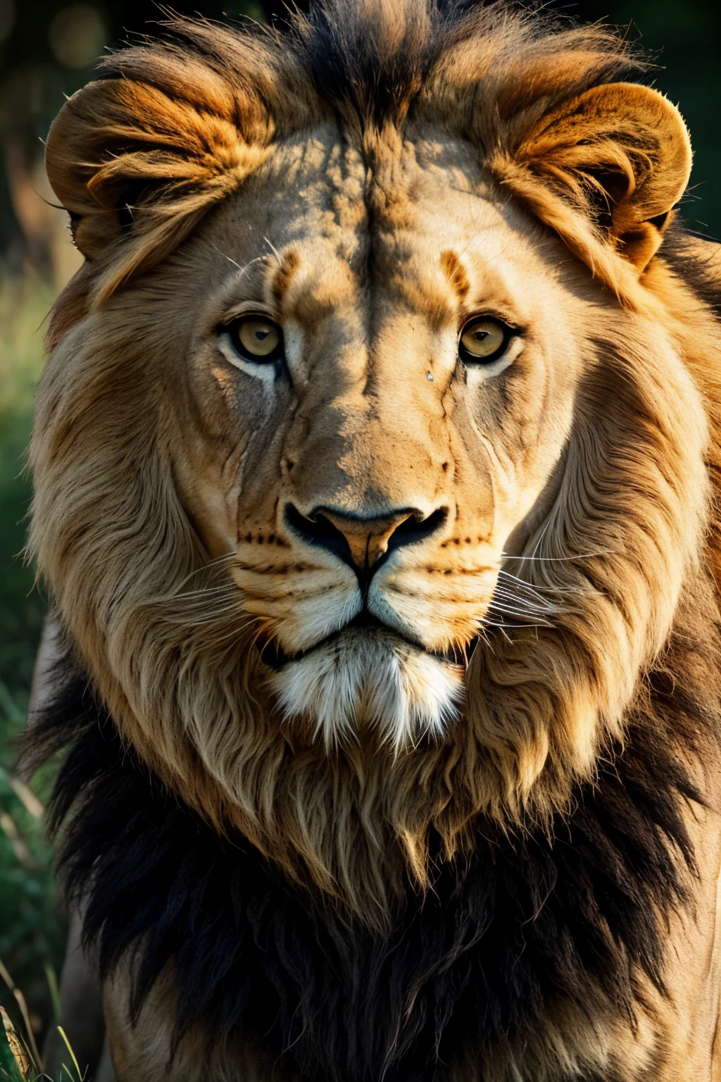 A majestic, regal lion, its mane a radiant golden hue that shimmered in the African sun, its eyes piercing and intense, a clear testament to its dominance and power. The lion is captured in a high-quality, photo-realistic image, taken with a Nikon D850, with a 200mm lens, ensuring every detail of its majestic form is captured in stunning clarity. The natural light bathes the lion in a warm, golden glow, creating dynamic shadows and highlights that emphasize its muscular body and grandeur. The image, a true work of art, is artistically composed with the lion centrally positioned, creating a sense of awe