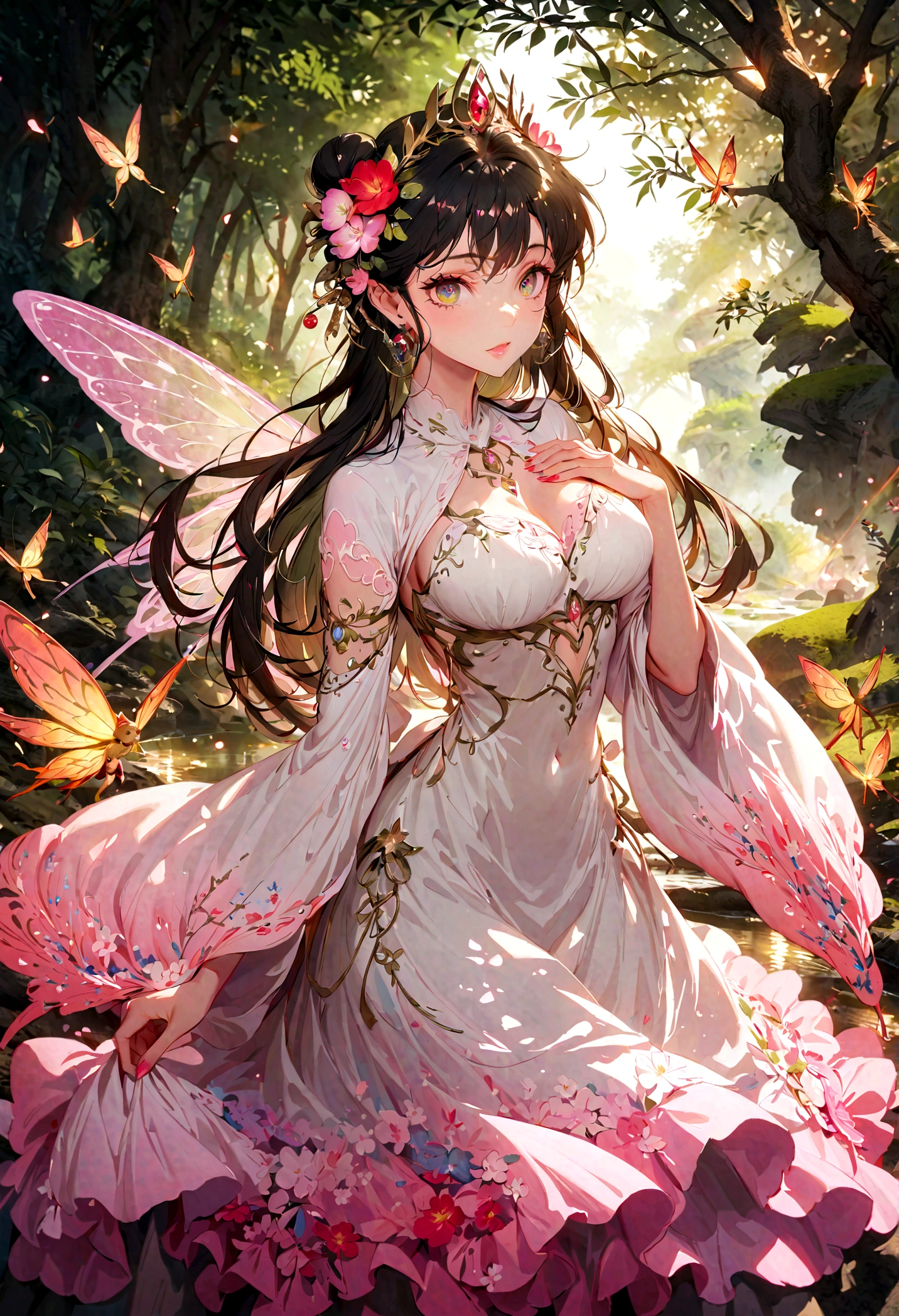 Big breasts,(Fairy:1.2),(high resolution,Best quality,Like a dream,obsessed,In a forest,Fairy),(Vibrant colors,Extremely detailed,Realistically:1.37),(beautiful eyes,Dappled sunlight,Whimsical Creatures,Sparkling Mysterious Mist,Evocative atmosphere，Otherworldly beauty),(Magical light,A faint ethereal light),(Elegant colors,Wonderful colors),(Fireflies dance,活泼的Fairy,Whisper of the Breeze),(Lush vegetation,majestic trees,Tranquil pond reflecting starlit path,Hidden treasure,Magical Realm),(an unforgettable journey,unexplored wonders,Charming charm),floating robe,(Fairy Crown:1.2),close_up
