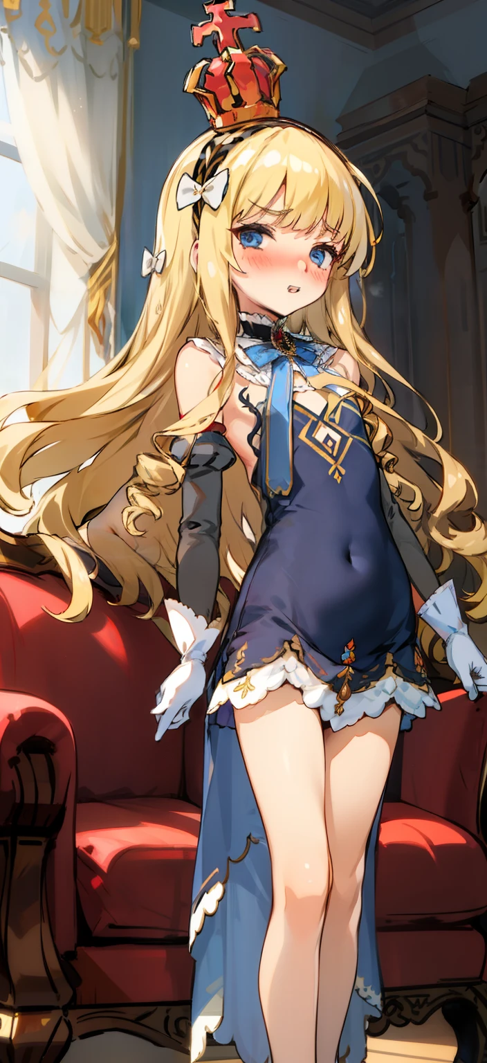  eqlc, 1girl, long hair, solo, naked body, strapless dress(ornate dress), long dress, blonde hair, blue eyes, hairband, crown, white gloves,lovely small breasts, flat chest, bow,  mini crown, black hairband, detached sleeves, bangs, covered navel, detached collar, a weary face, parted lips, nose blush, blush, looking at viewer, in the livingroom,  standing, ,Sexy waist teasing, Full-body 