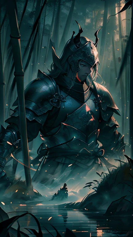 Ink Painting,Male knight on the water,Wearing intricate Chinese Tang Dynasty Mingguang armour,Bamboo forest behind,sword,landscape,Ultra-high resolution,Freehand Style,Majestic,Natural light,Night Focus,<=(Great image quality)Dark atmosphere with bright particle lights(Many effects in the background)
