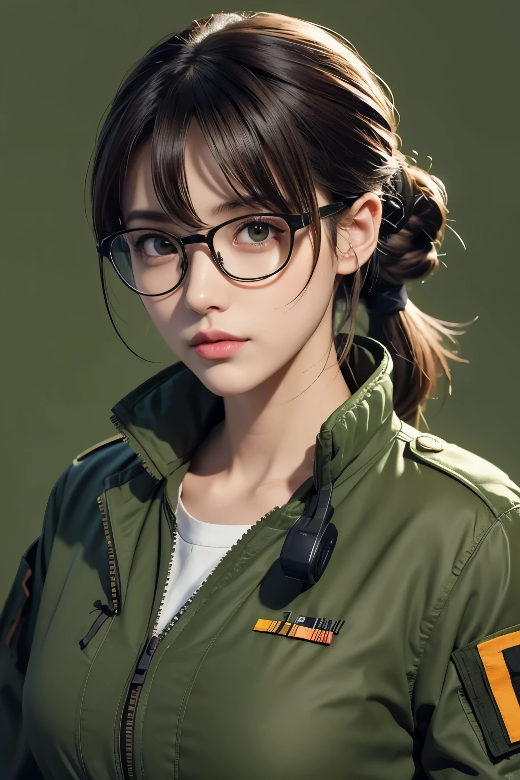 1 female inventor, Hair color is light brown and tied together., eyes are big、The color is brown, Closer to bright orange,, Large black horn-rimmed glasses, Wearing an army green colored flight jacket ,modern animation style, Anime style illustration, By Shinkai Makoto ( Apex Legends ), Digital Animation Illustration,