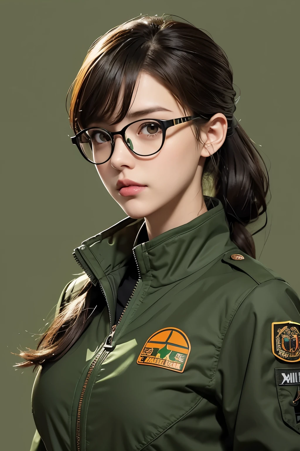 1 female inventor, Hair color is light brown and tied together., eyes are big、The color is brown, Closer to bright orange,, Large black horn-rimmed glasses, Wearing an army green colored flight jacket ,modern animation style, Anime style illustration, By Shinkai Makoto ( Apex Legends ), Digital Animation Illustration,