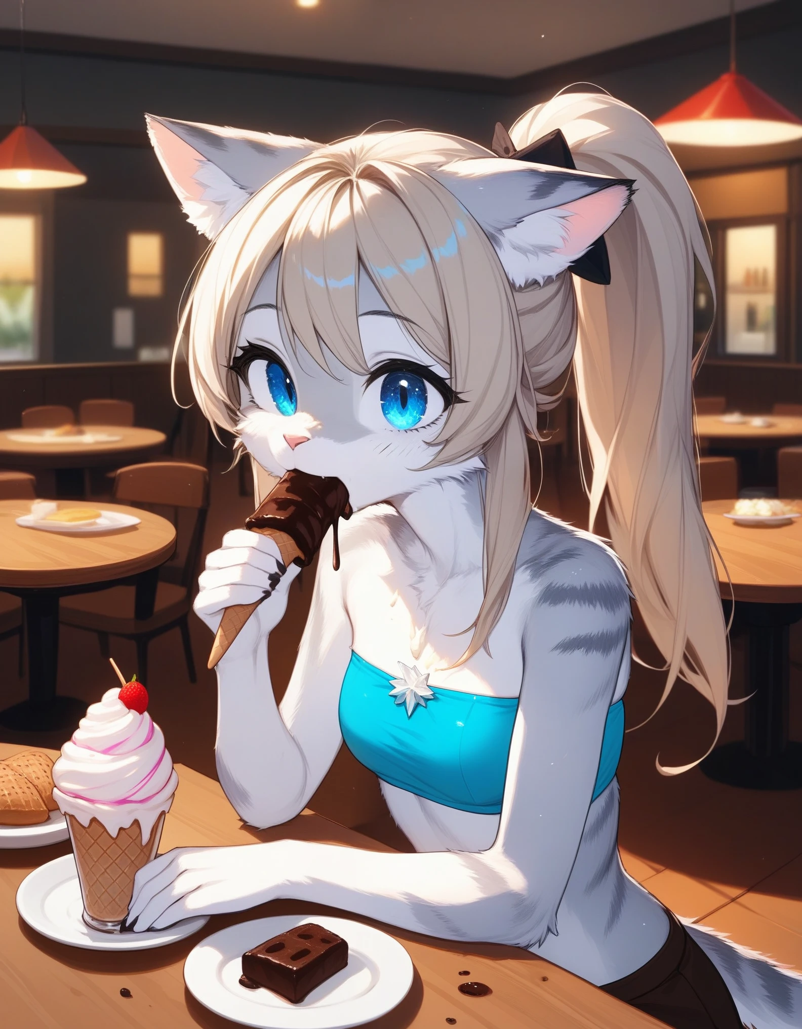 score_9,score_8_up,score_7_up, source_cartoon, source_furry, Kat, a cute Anthro furry feline girl, tall body, hourglass figure, adult female, blue eyes, :3, silver fur, long blonde hair, hair in a ponytail, wearing blue bandeau, brown short shorts, indoors, in a restaurant, sitting at a table, eating a large ice cream sundae, digging her face into an ice cream Sundae, nomming on ice cream, nom nom nom, messy eating, stars in her eyes