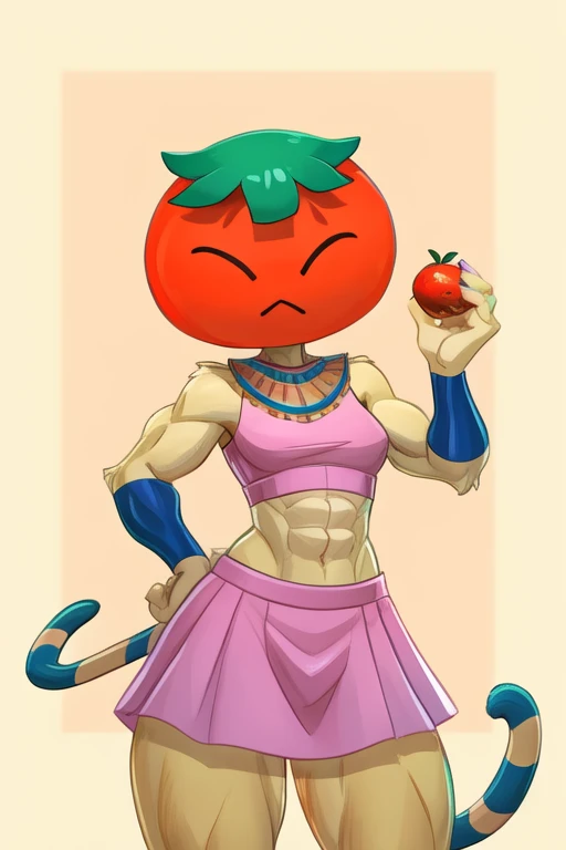  digital artwork of ankha with abs wearing a crop top pink sleeveless dress shirt with pink skirt, she has a tomato for a head