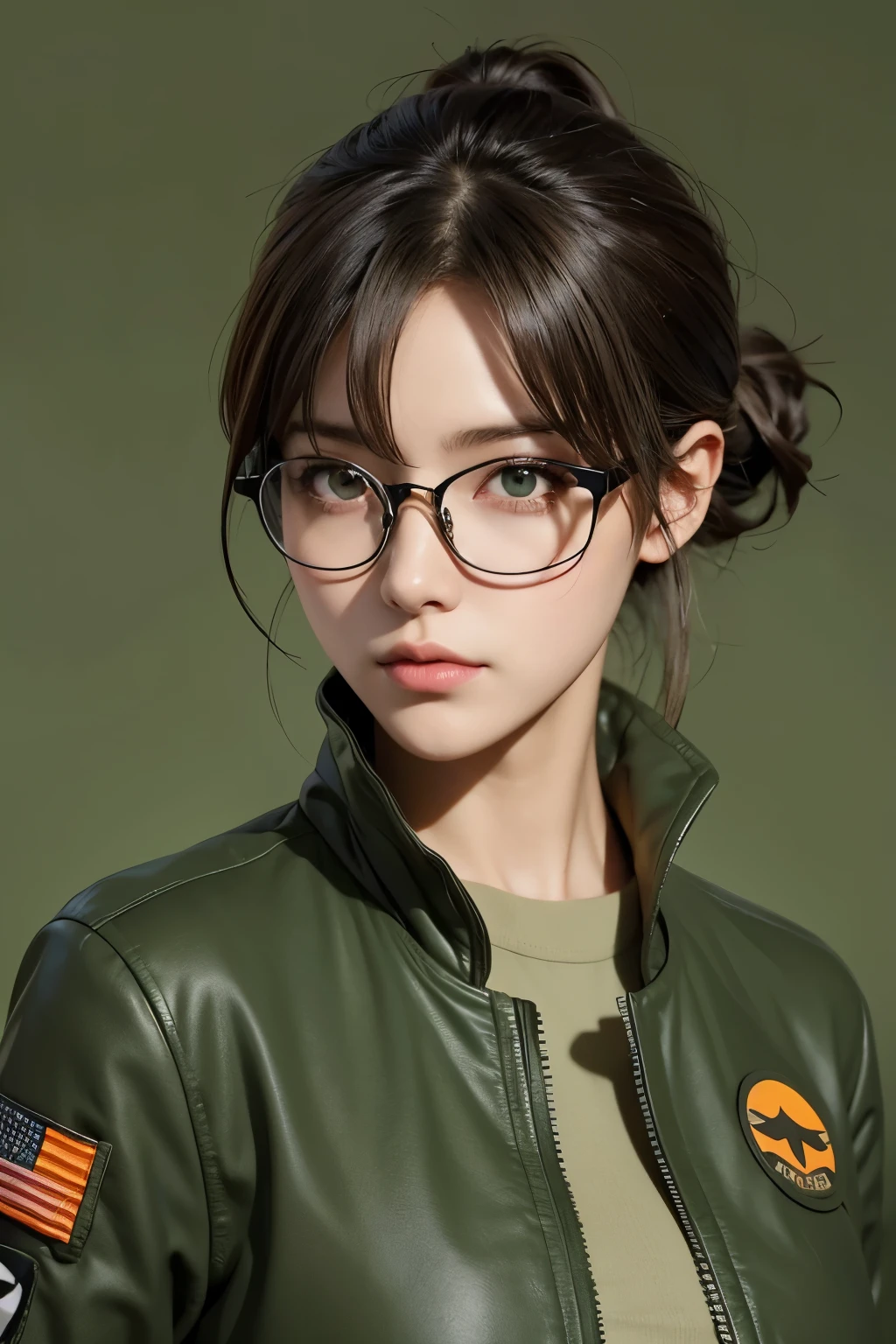 1 female inventor, Hair color is light brown and tied together., eyes are big、The color is brown, Closer to bright orange,, Large black horn-rimmed glasses, Wearing an army green colored flight jacket ,modern animation style, Anime style illustration, By Shinkai Makoto ( Apex Legends ), Digital Animation Illustration,