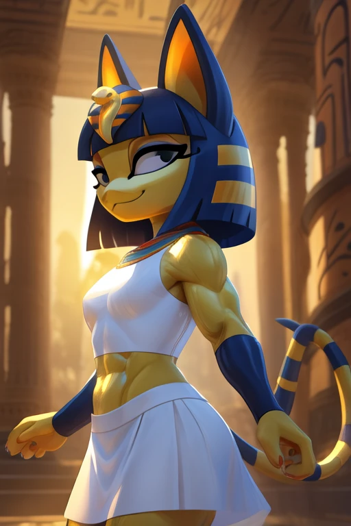 a digital artwork of ankha with abs wearing a crop top of her white sleeveless dress outfit with a bare midriff and a bare navel , digital art, ((perfect face)), ((best quality)), ((masterpiece)),