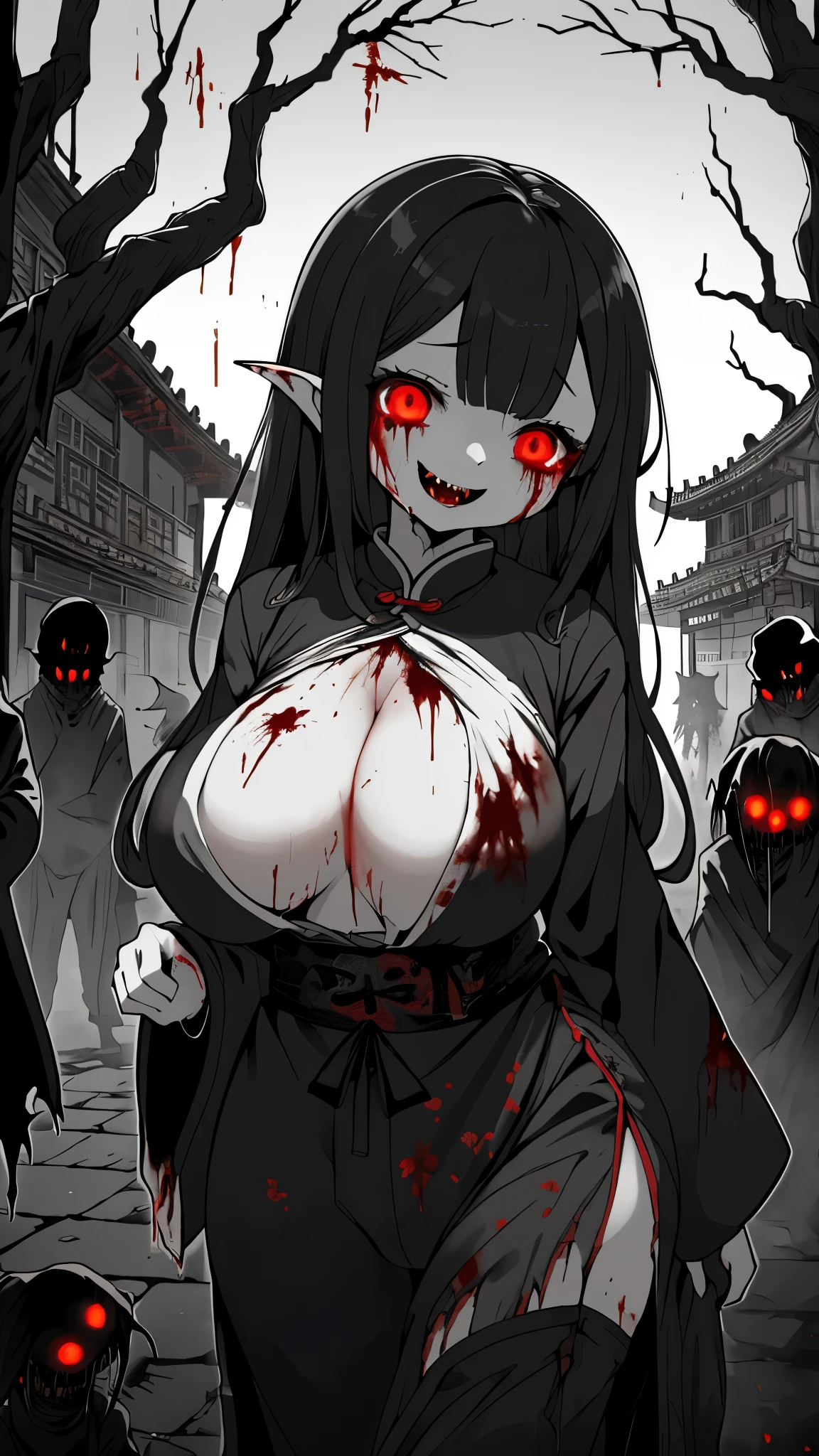 ghost,Goblins,ghost,Monster Girl,Night Parade of One Hundred Demons,ghost女孩,很多Monster Girl,Cute girl,Cute female ghost,Japanese style,Chinese style,Horror style,Smile,Smiling,night,Big breasts,Wide crotch,thigh,thigh,High slit,Horror atmosphere,Blood,Blood,Blood-stained clothing,Bloody Clothes,Ragged clothes,Cute girl,Horror backgrounds,Goblins背景,Ghost Background,Street background,Ragged clothes,Dead Tree,Goblins背景,There are many monsters in the background,Spooky style,Chinese folk horror,Glowing eyes,Upper body close-up,Multiplayer特写,Multiplayer,Horror style,Multiplayer,Extreme Light and Shadow