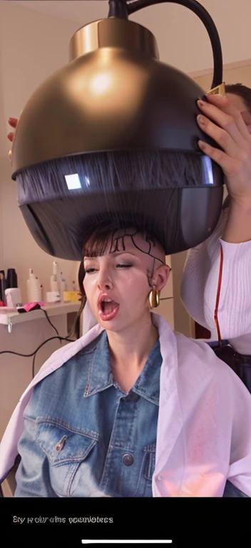 Naked woman, sitting in a hairdresser's chair, hair salon sitting  under helmet hood dryer, wearing large gold hoop earrings. A cock penetrating her vagina, fellation a huge cock which cums on her. Big breasts, big lips, nipple millking machine, brainwashing Hair dryer, headless, bald head, brain sucking 