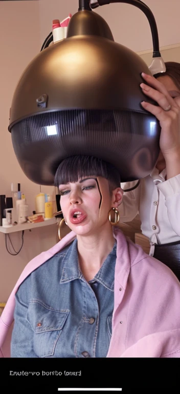 Naked woman, sitting in a hairdresser's chair, hair salon sitting  under helmet hood dryer, wearing large gold hoop earrings. A cock penetrating her vagina, fellation a huge cock which cums on her. Big breasts, big lips, nipple millking machine, brainwashing Hair dryer, headless, bald head, brain sucking 