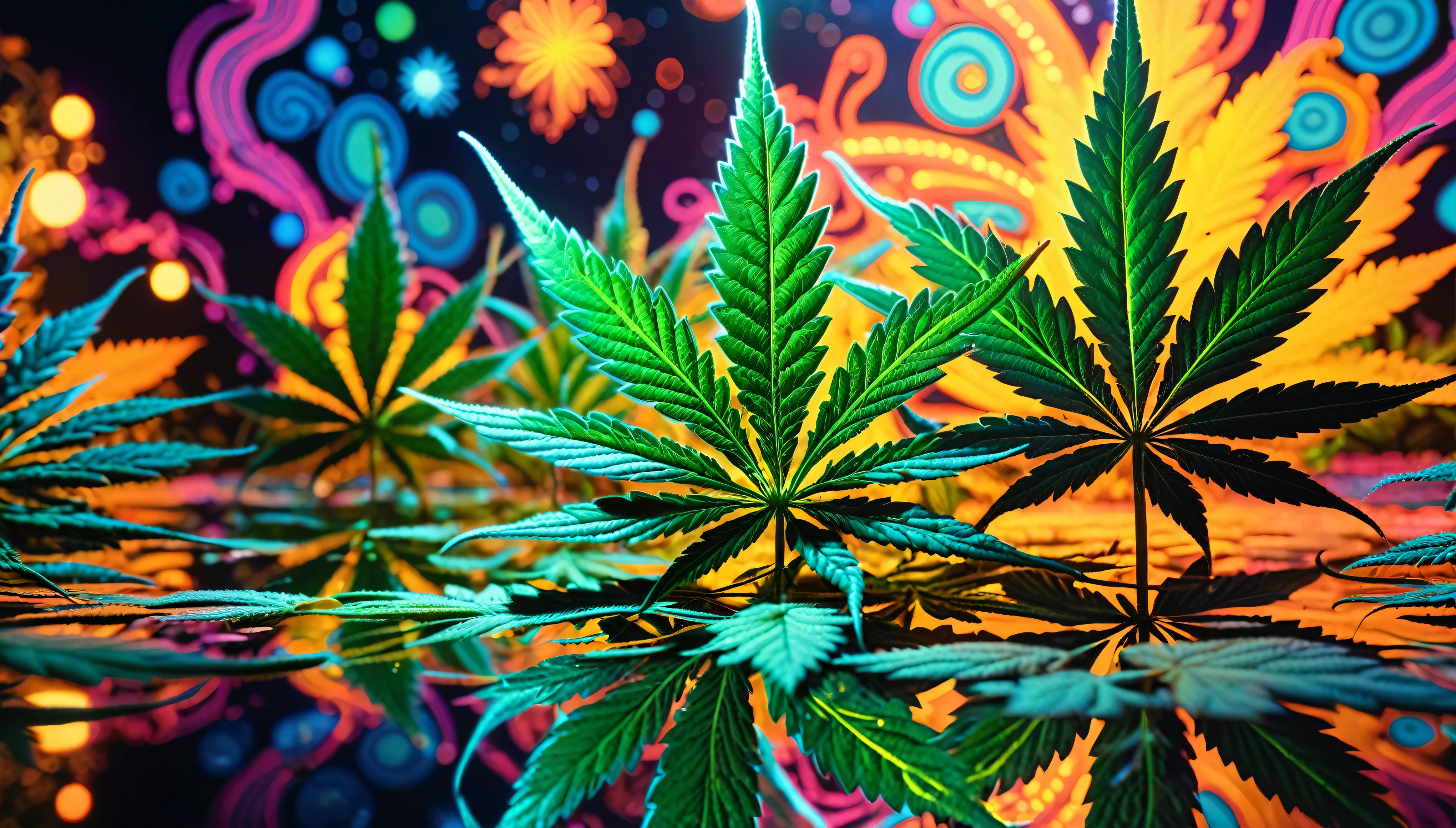 1970s psychedelic marijuana wallpaper, 35mm, atmospheric perspective, depth of field, cinematic lighting, reflection light, backlighting, masterpiece, anatomically correct, textured skin, super detail
